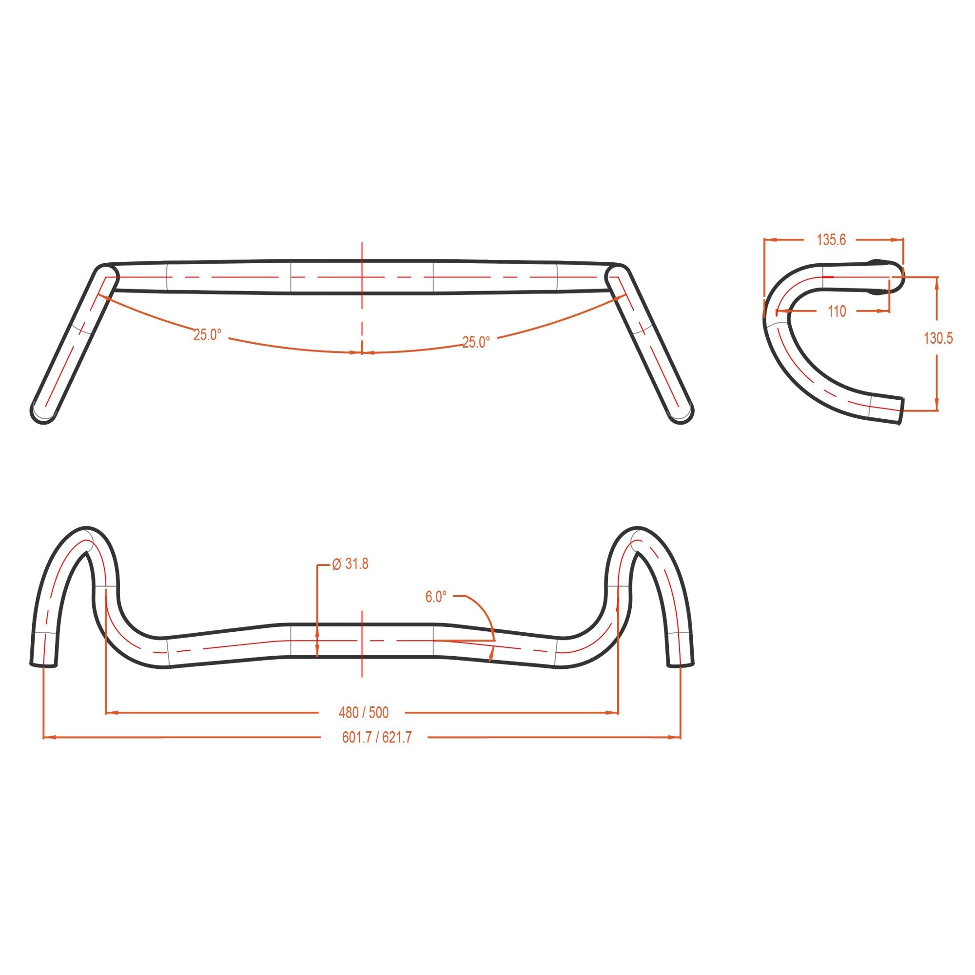 FUNN G-Wide Gravel Handlebar spec diagram showing alloy flared drop bar shape, width, reach and angle measurements for gravel bikes