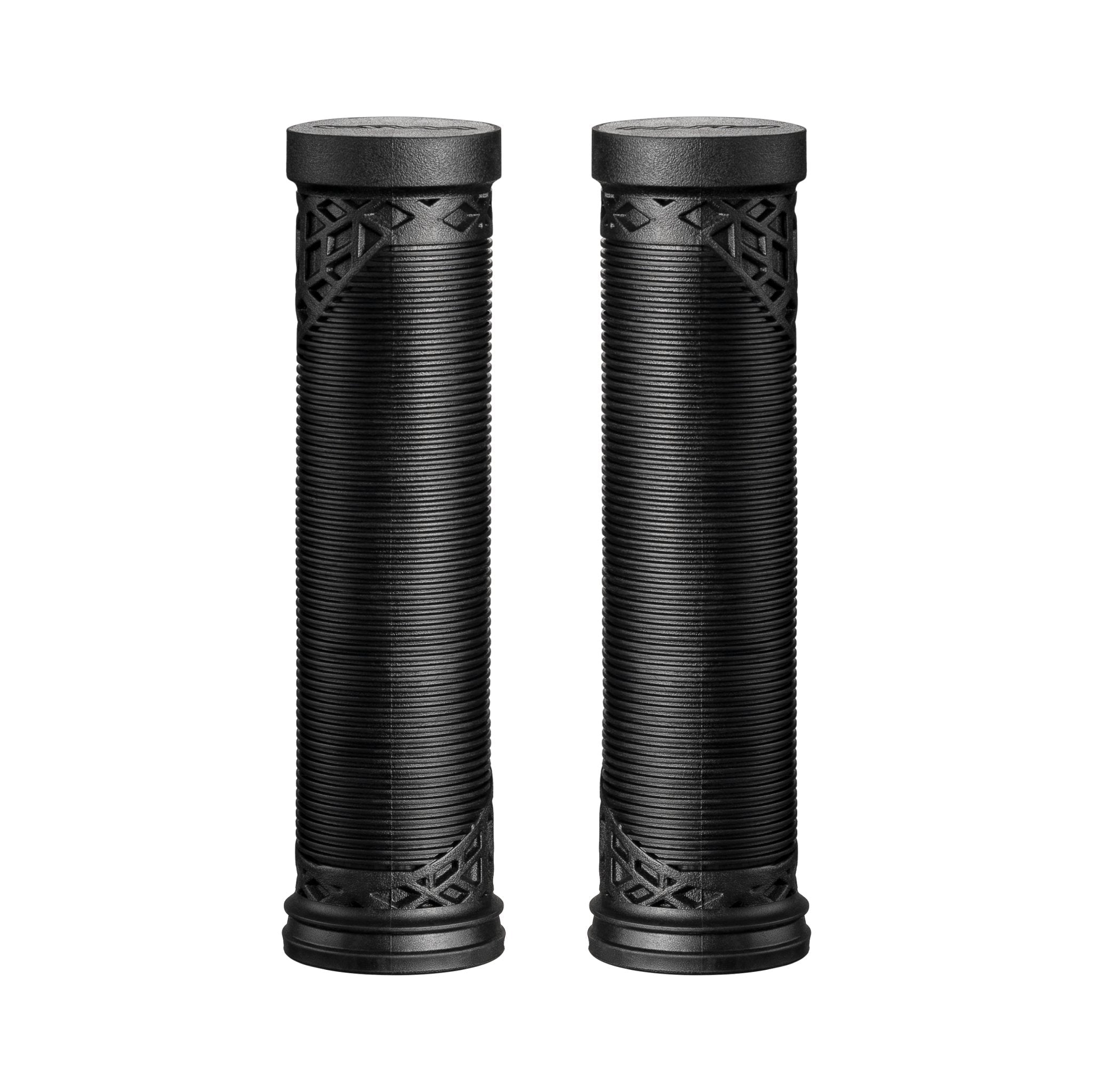 Black FUNN Hilt ES Slip-On Grips with ribbed rubber texture and patterned ends for secure, comfortable bike handlebar control