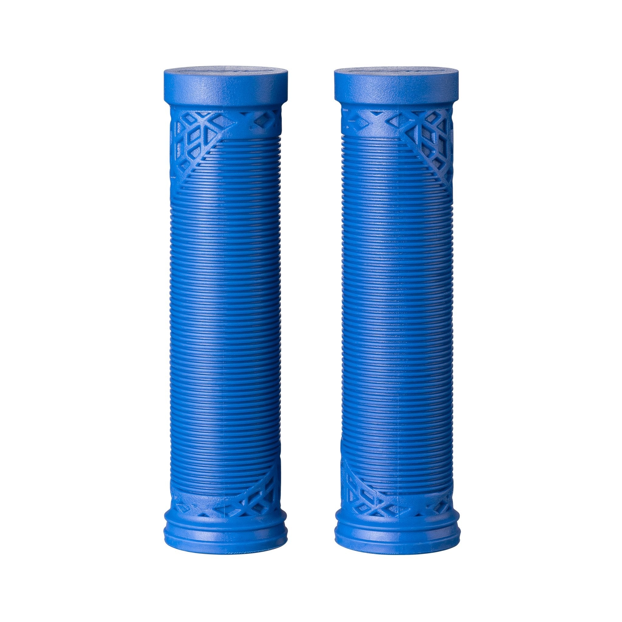 Blue FUNN Hilt ES Slip-On Grips with ribbed rubber texture and patterned ends for secure, comfortable bike handlebar control
