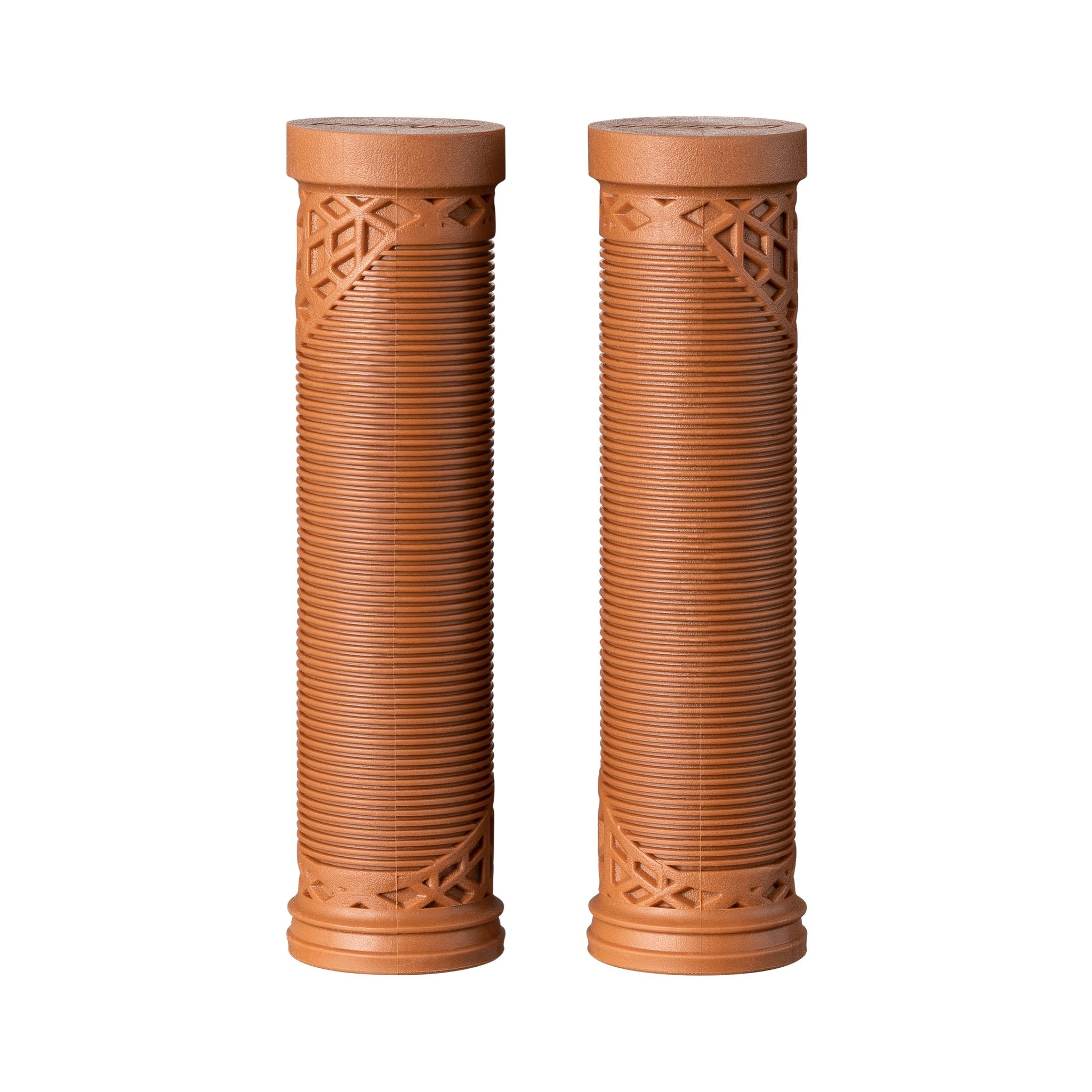 Brown FUNN Hilt ES Slip-On Grips with ribbed rubber texture and geometric end caps for secure, comfortable bike handlebars