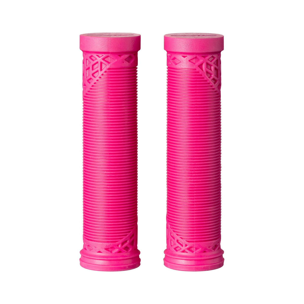 Pink FUNN Hilt ES Slip-On Grips with ribbed rubber texture and geometric accents for secure, comfortable bike handlebar control