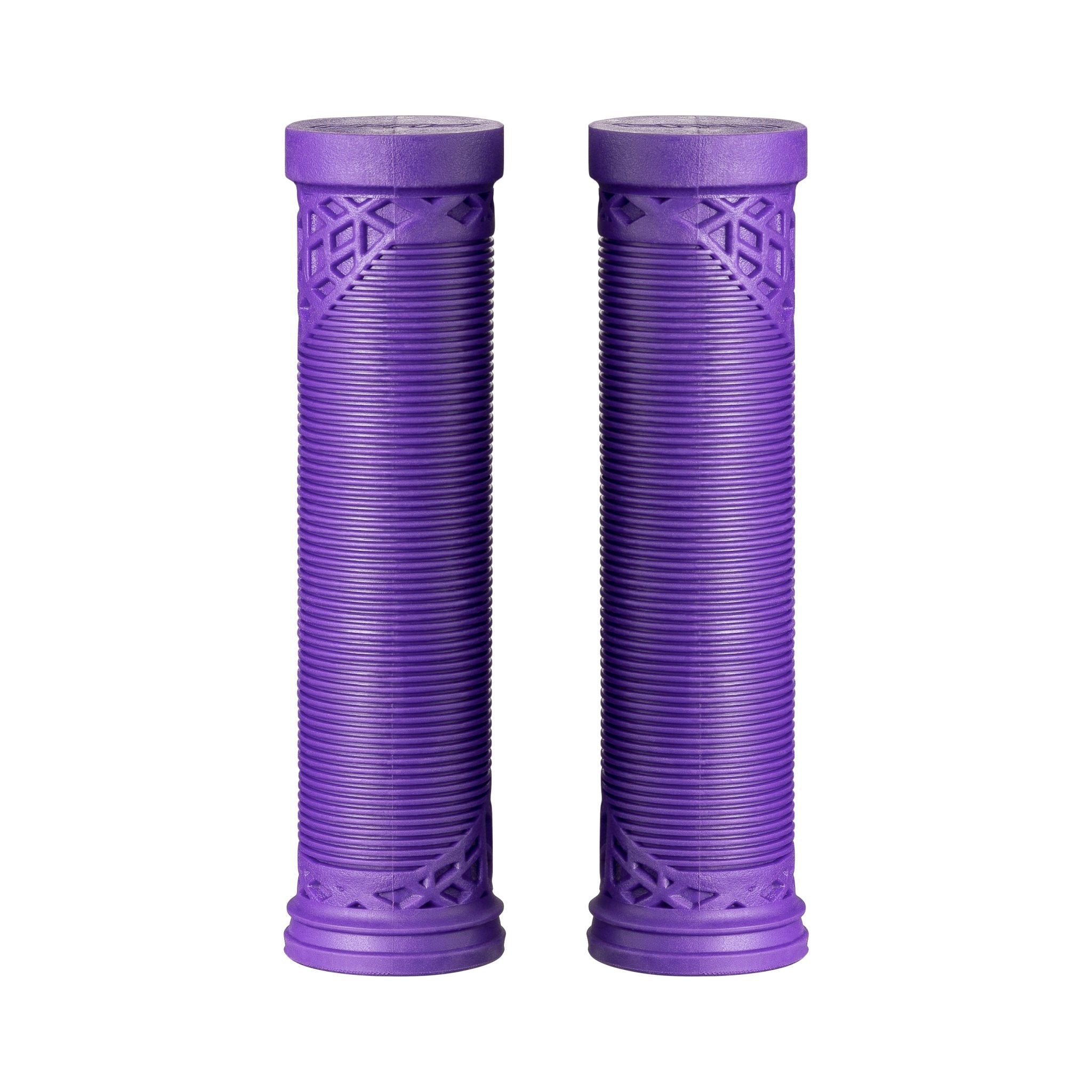 Purple FUNN Hilt ES Slip-On Grips with ribbed rubber texture and patterned ends for secure, comfortable bike handlebar control