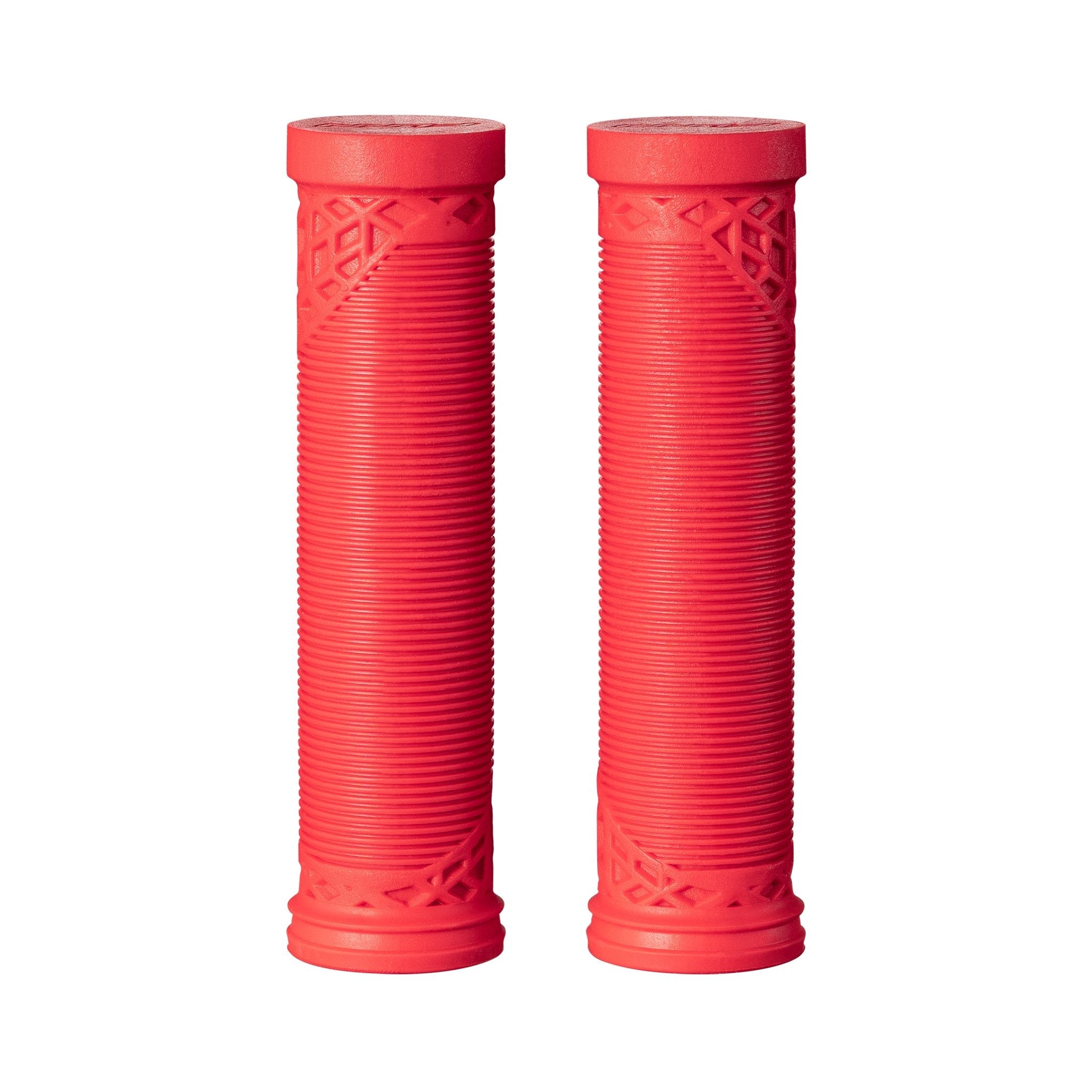 Red FUNN Hilt ES Slip-On Grips with ribbed rubber texture and patterned ends for secure, comfortable bicycle handlebar control