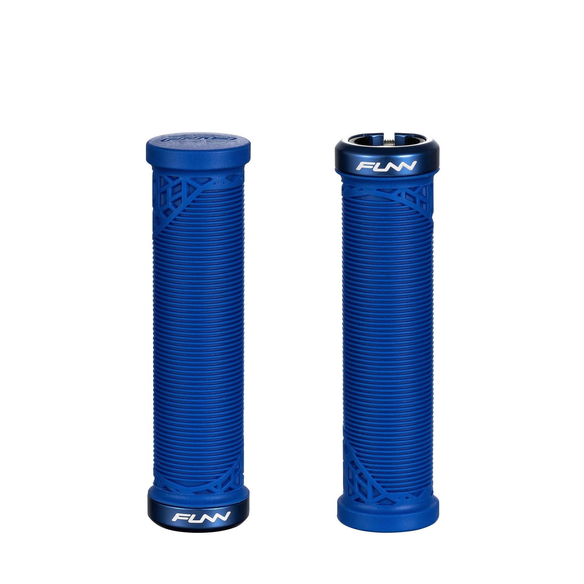 Funn mountain bike components - Hilt JR Lock - On Grips Blue in a white background.