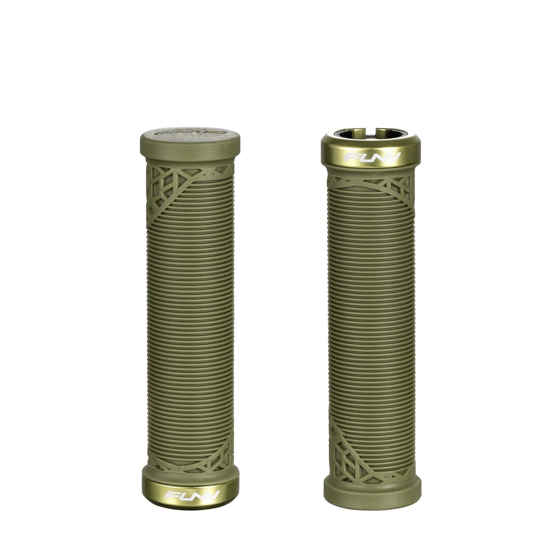 Funn mountain bike components - Hilt JR Lock - On Grips Olive Green in a white background.