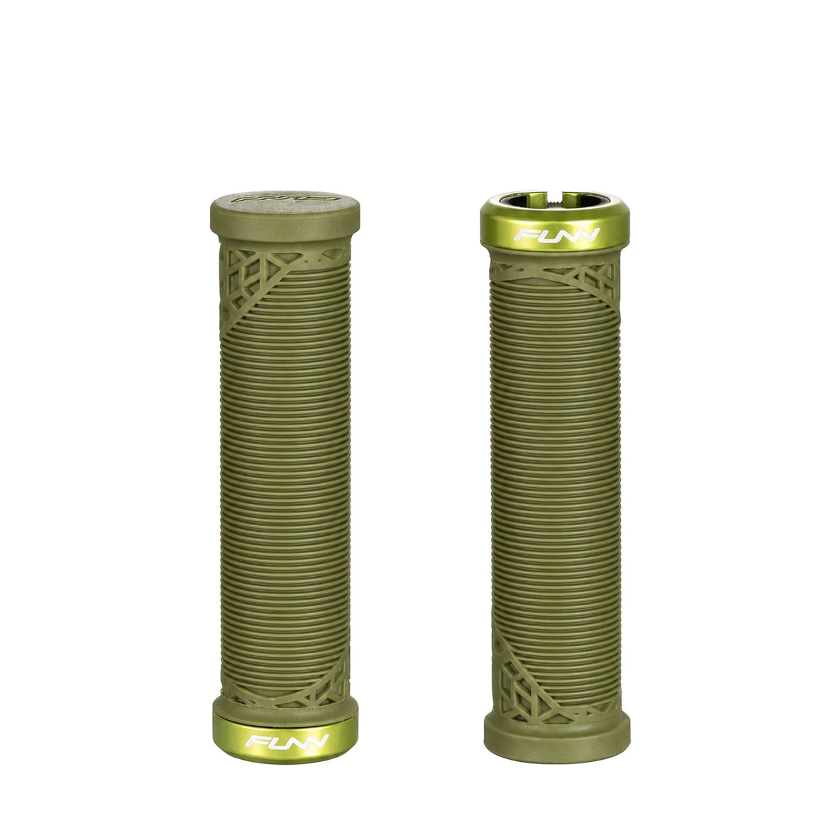 FUNN Hilt JR Lock-On Grips in Olive Green, ribbed rubber grips sized for grom riders with alloy lock ring