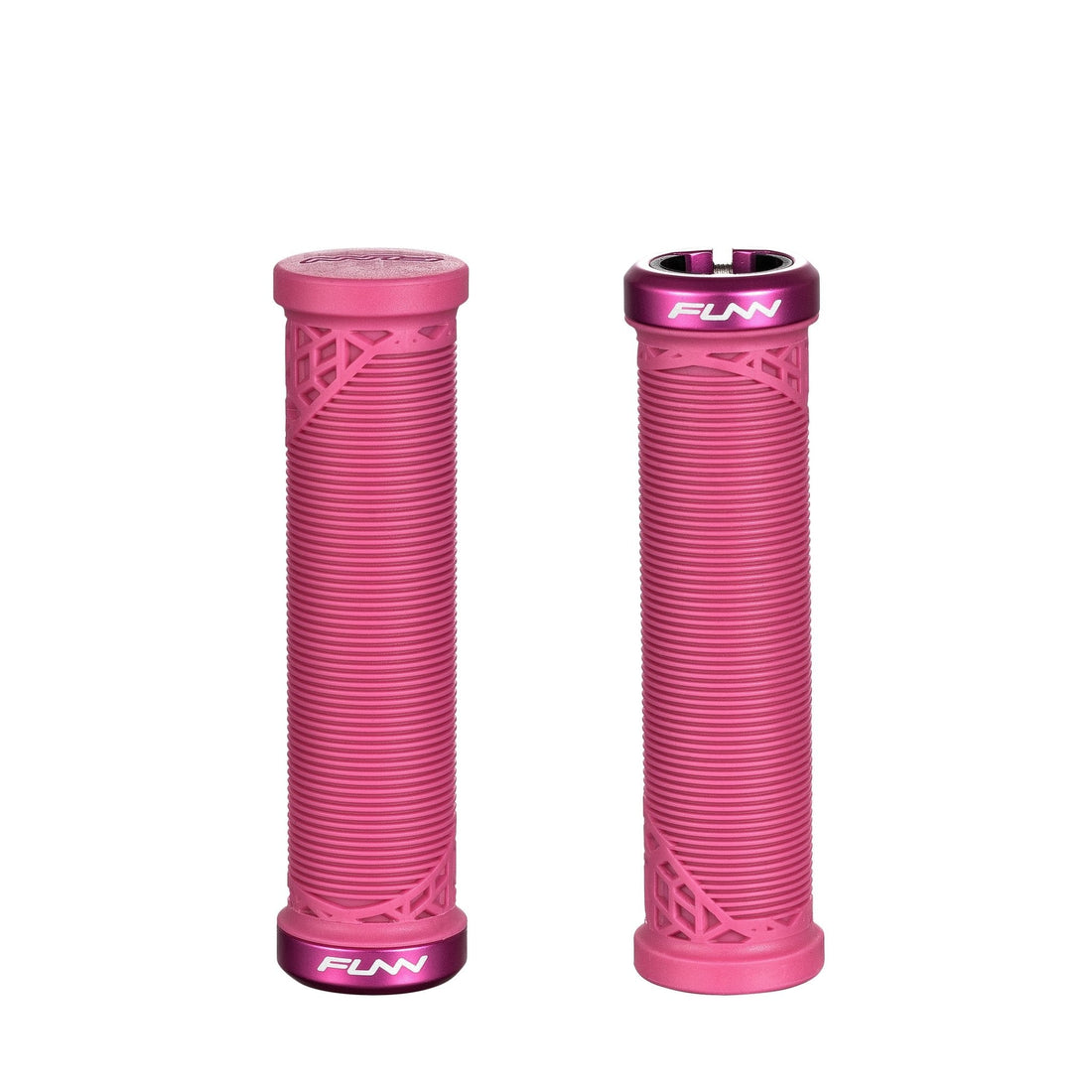 FUNN Hilt JR Lock-On Grips in pink, ribbed rubber bike grips with alloy lock rings for secure grom handlebar control