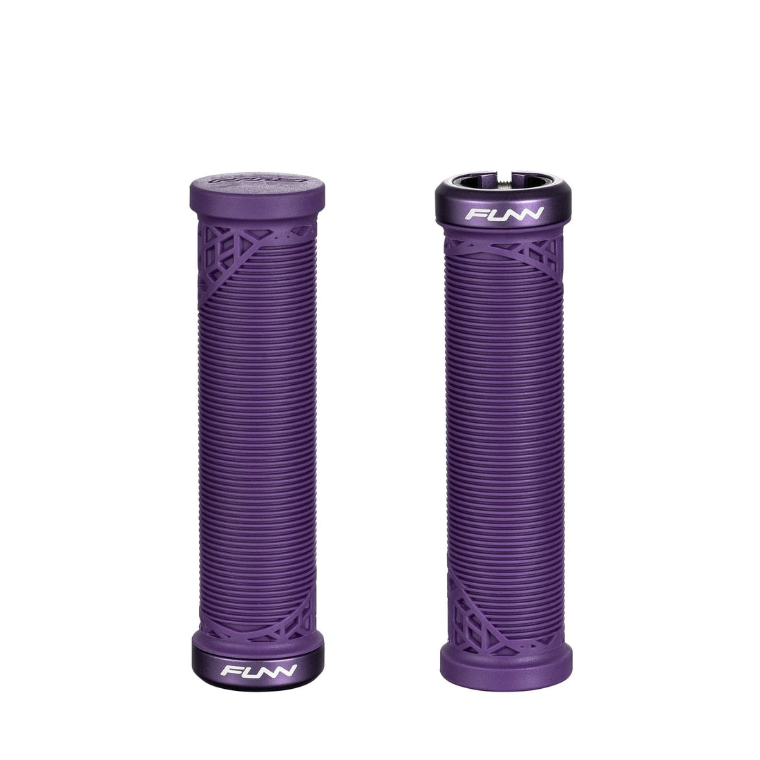 Purple FUNN Hilt JR Lock-On Grips with ribbed rubber texture and alloy lock rings, slim handlebar grips for grom mountain bikers