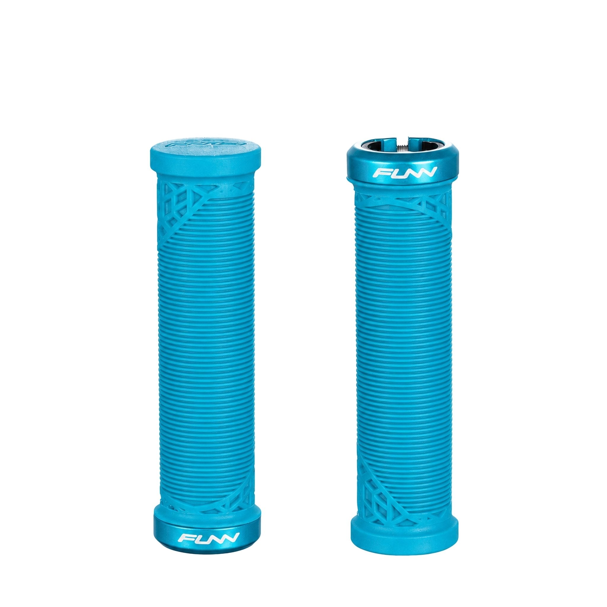 FUNN Hilt JR Lock-On Grips in Turquoise, ribbed rubber grips sized for grom riders with alloy lock ring