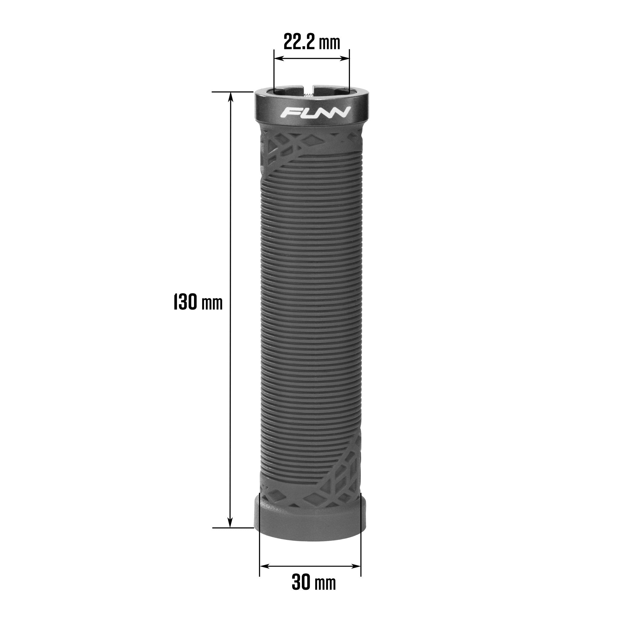 FUNN Hilt Lock-On Grips, black rubber bike handlebar grip with ribbed texture and alloy lock ring, 130mm length, 30mm diameter