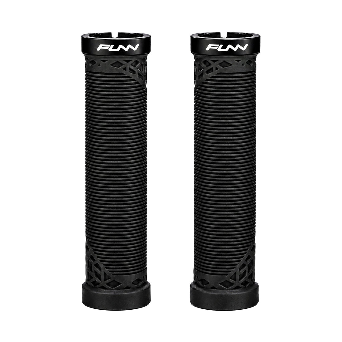 FUNN Hilt Lock-On Grips in Black, ribbed rubber MTB handlebar grips with alloy lock ring