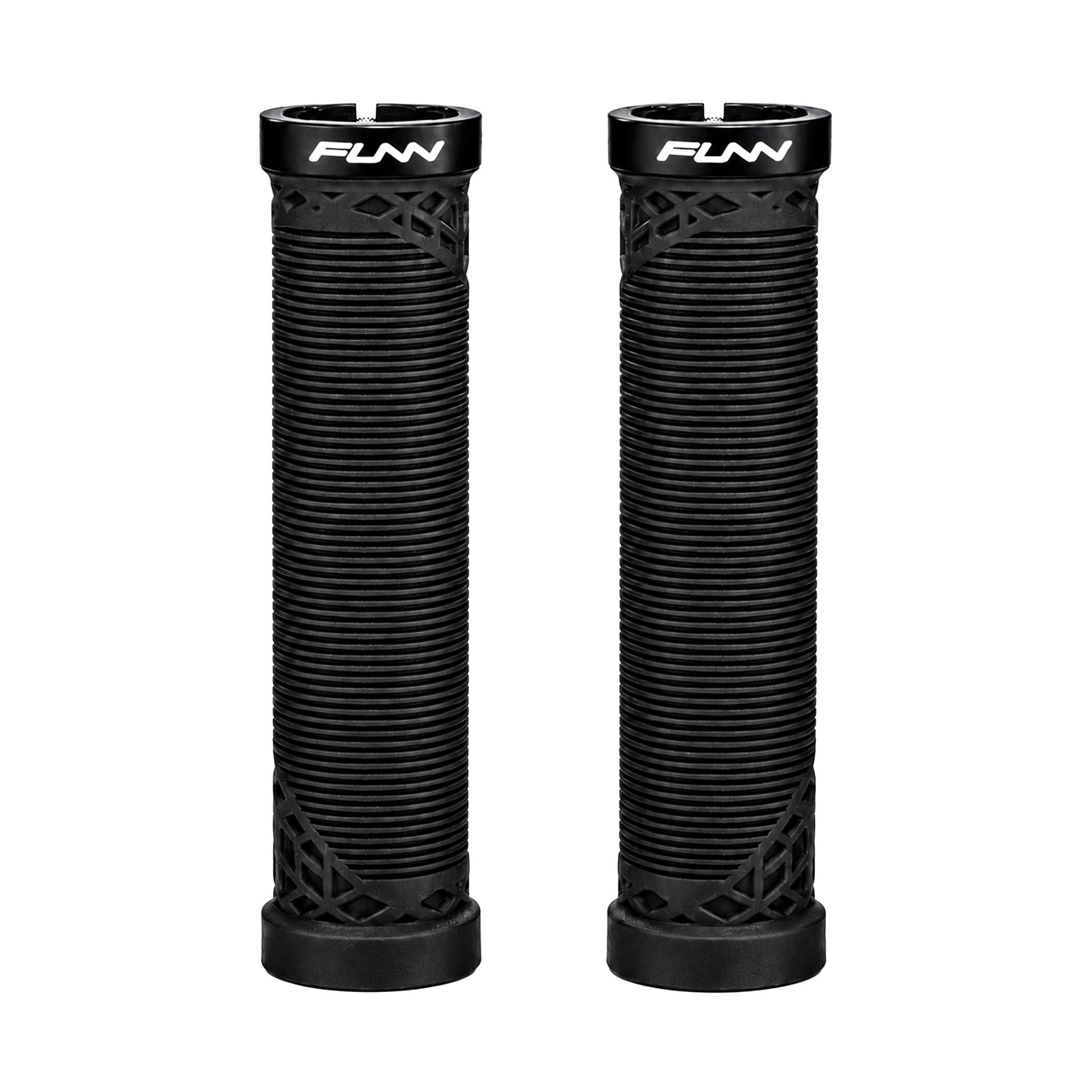 FUNN Hilt Lock-On Grips in Black, ribbed rubber MTB handlebar grips with alloy lock ring