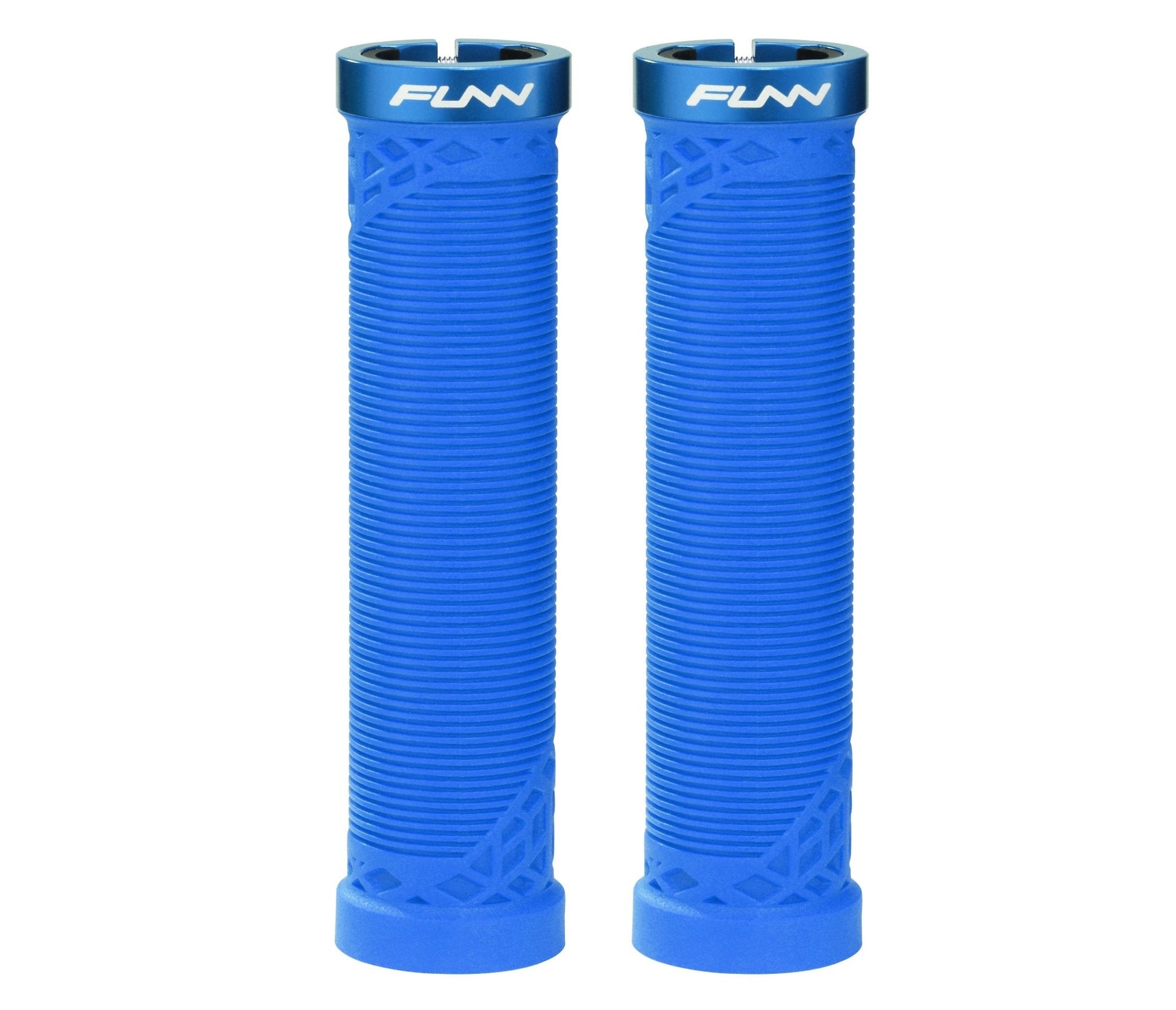 Funn mountain bike components - Hilt Lock - On Grips Blue in a white background.