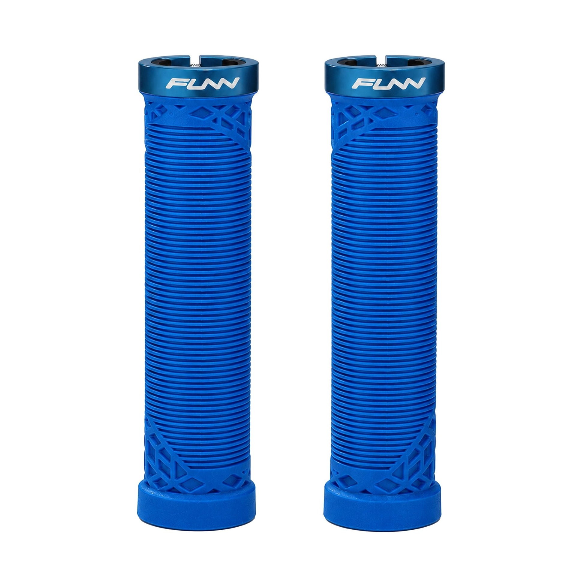 FUNN Hilt Lock-On Grips in Blue, ribbed rubber MTB handlebar grips with alloy lock ring