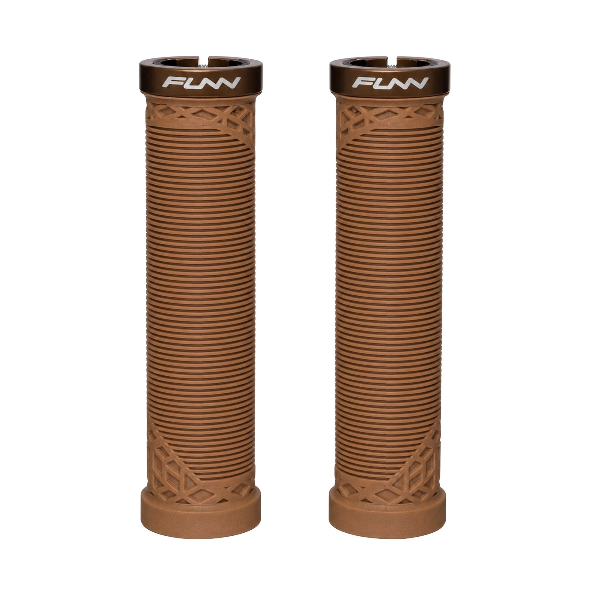 FUNN Hilt Lock-On Grips in Brown, ribbed rubber MTB handlebar grips with alloy lock ring