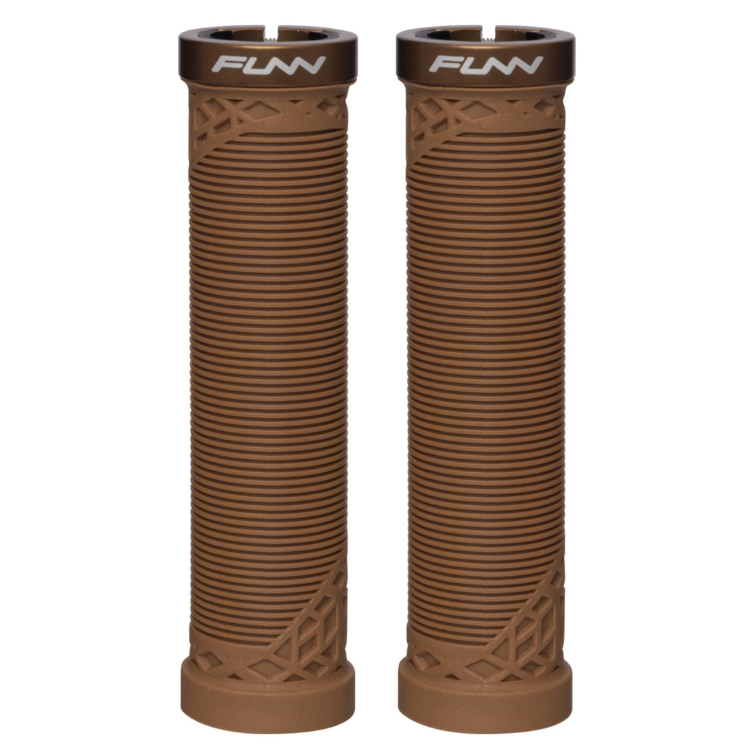 Brown Hilt Lock-On Grips with ribbed rubber texture and alloy lock rings for secure, comfortable MTB handlebar control