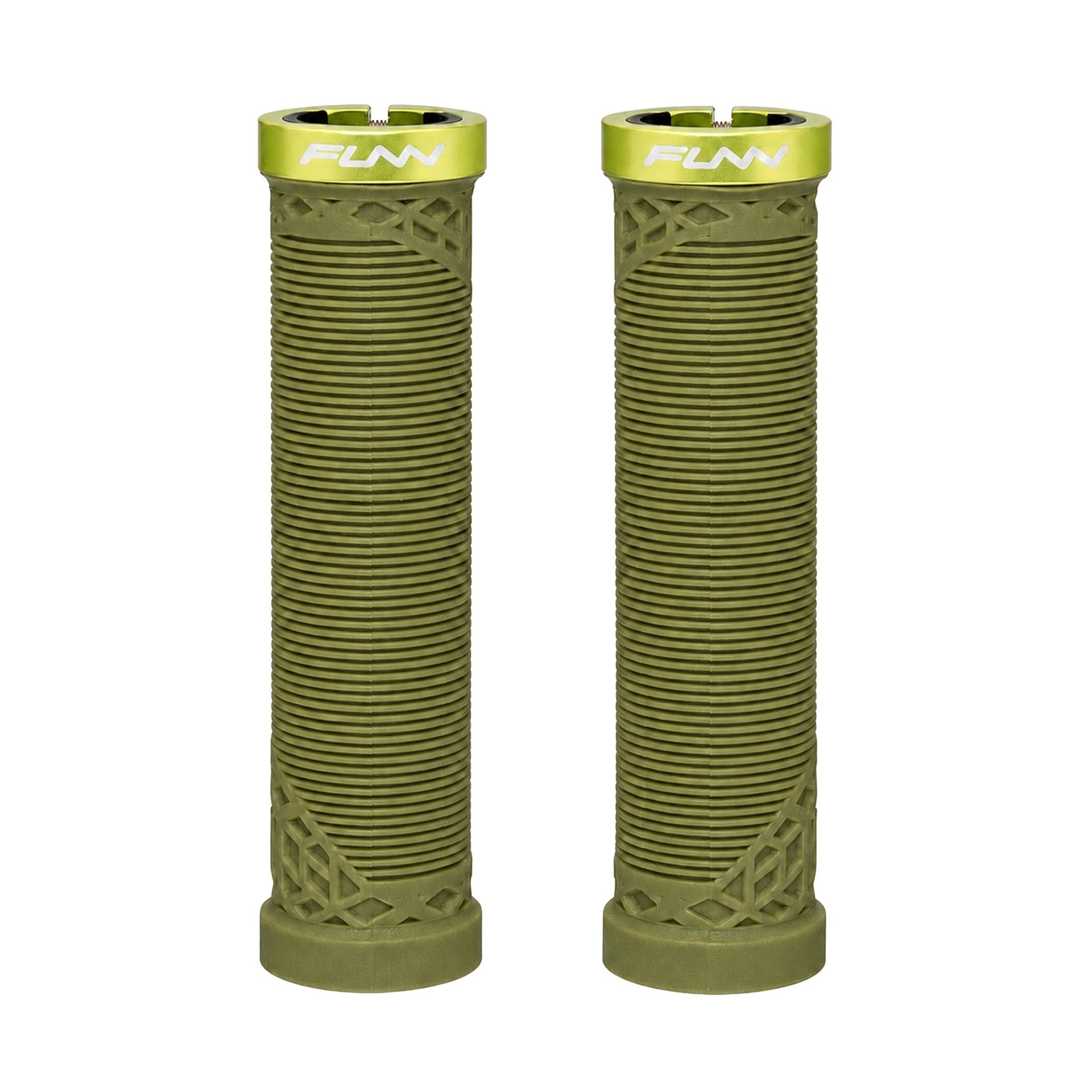 FUNN Hilt Lock-On Grips in Olive Green, ribbed rubber MTB handlebar grips with alloy lock ring
