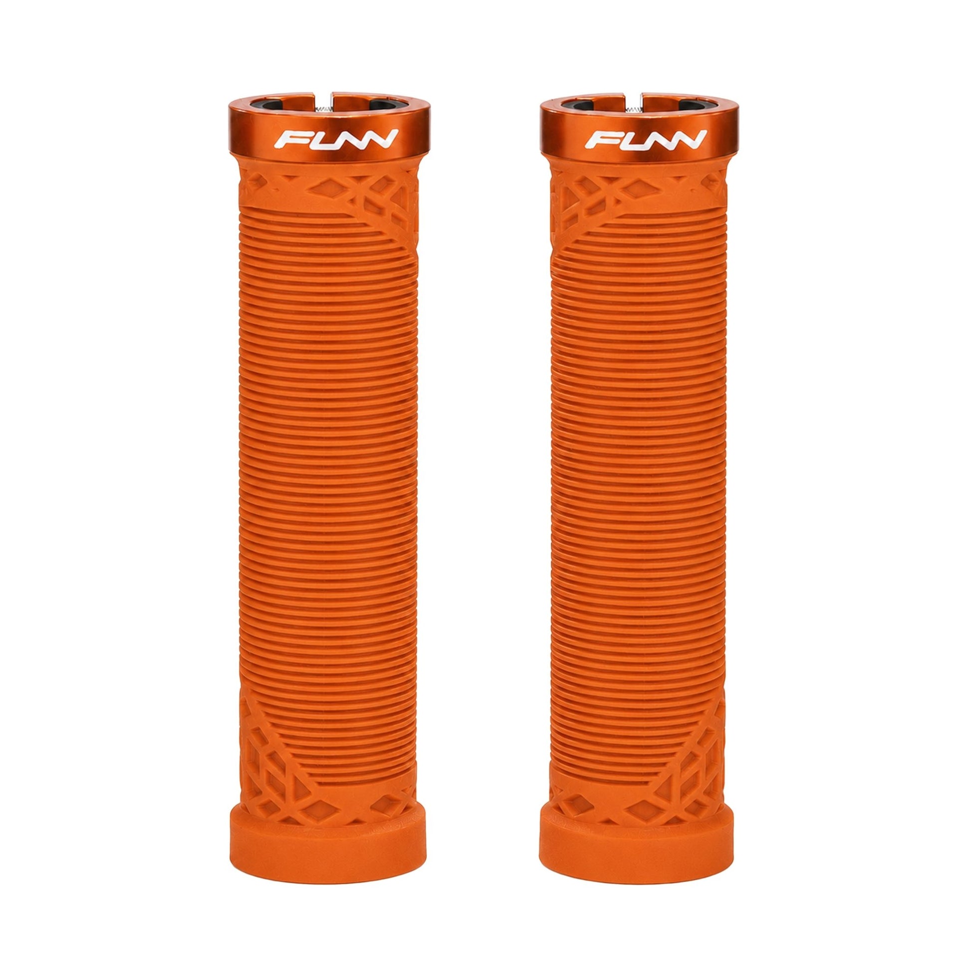 FUNN Hilt Lock-On Grips in Orange, ribbed rubber MTB handlebar grips with alloy lock ring