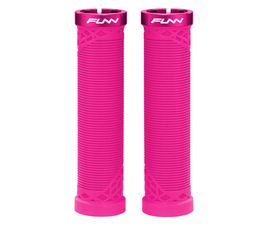 FUNN Hilt Lock-On Grips in bright pink, ribbed rubber bike handlebar grips with alloy lock rings for secure control