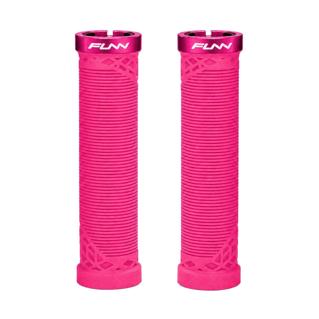 FUNN Hilt Lock-On Grips in Pink, ribbed rubber MTB handlebar grips with alloy lock ring