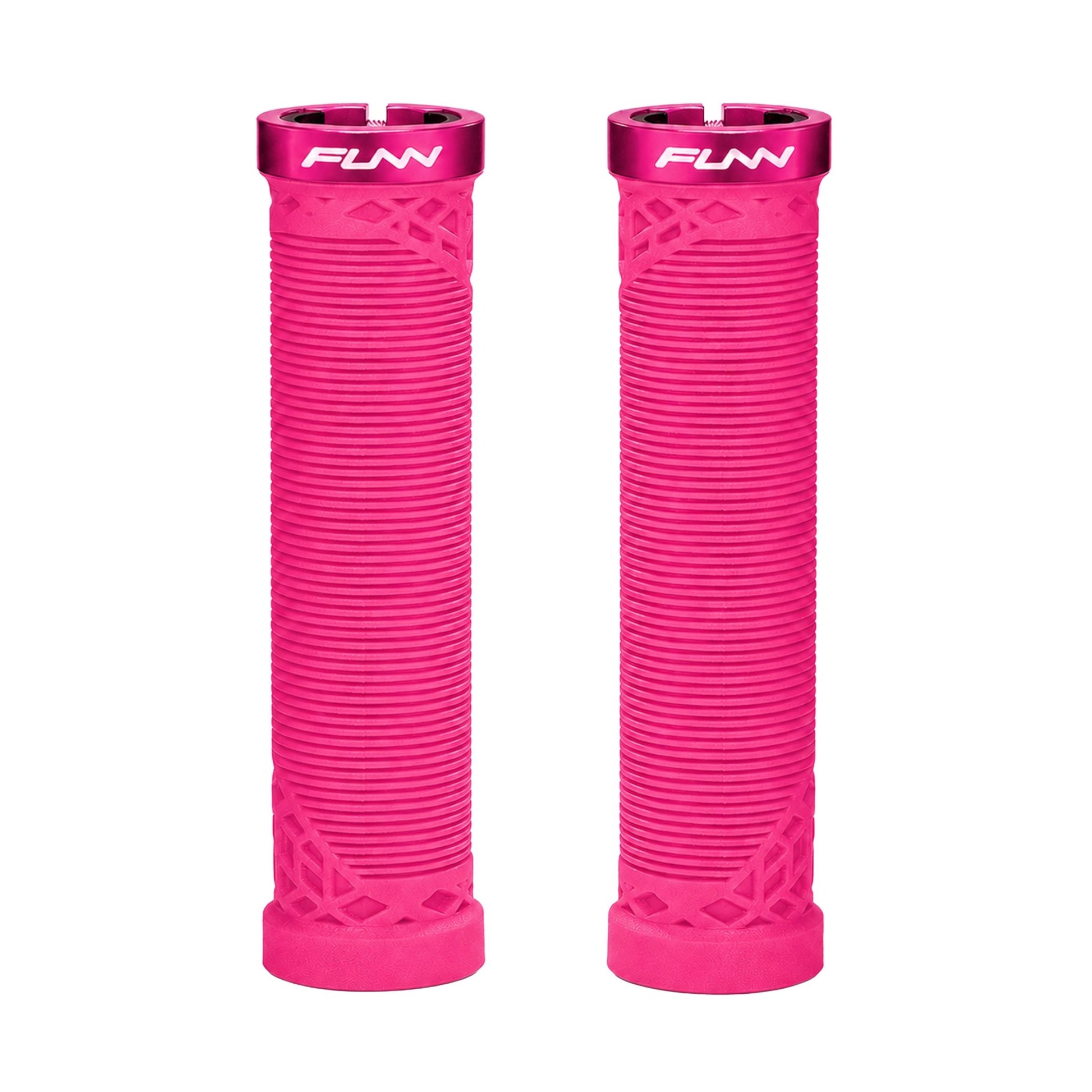 FUNN Hilt Lock-On Grips in Pink, ribbed rubber MTB handlebar grips with alloy lock ring