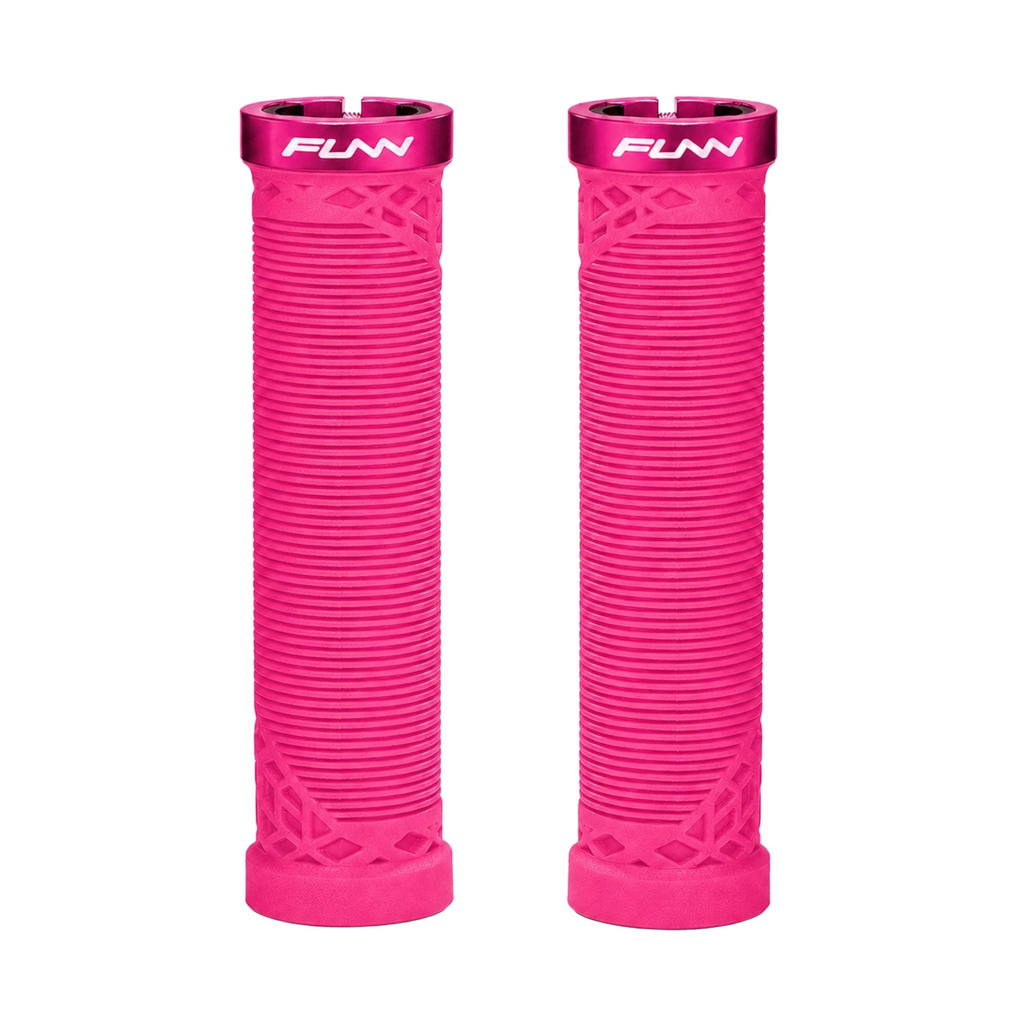 FUNN Hilt Lock-On Grips in Pink, ribbed rubber MTB handlebar grips with alloy lock ring