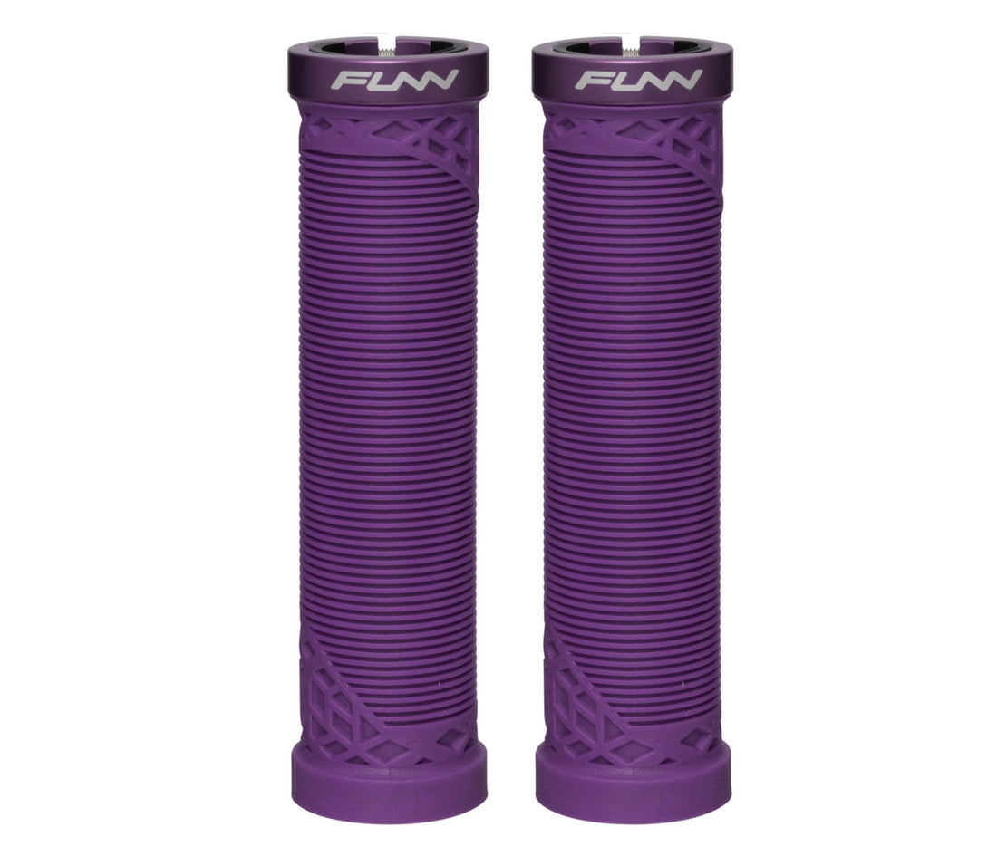 FUNN Hilt Lock-On Grips in purple, ribbed rubber bike handlebar grips with metal lock rings for secure, comfortable control