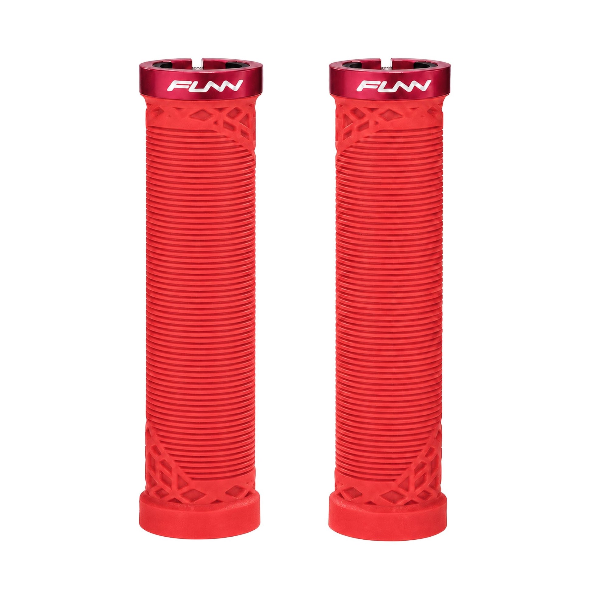 FUNN Hilt Lock-On Grips in Red, ribbed rubber MTB handlebar grips with alloy lock ring
