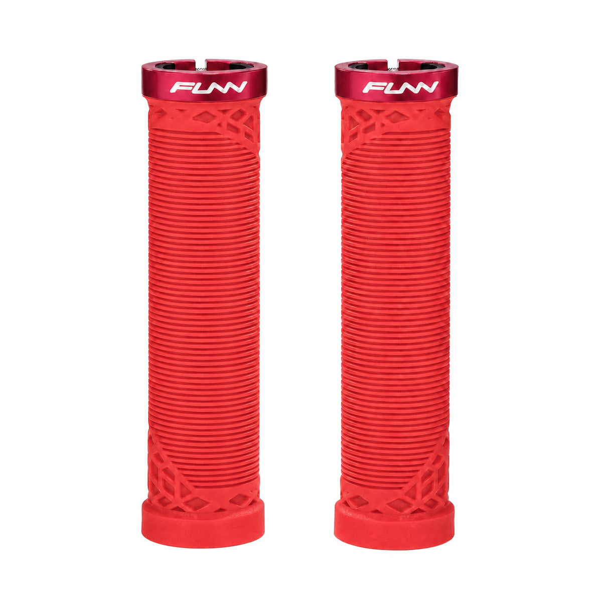FUNN Hilt Lock-On Grips in Red, ribbed rubber MTB handlebar grips with alloy lock ring