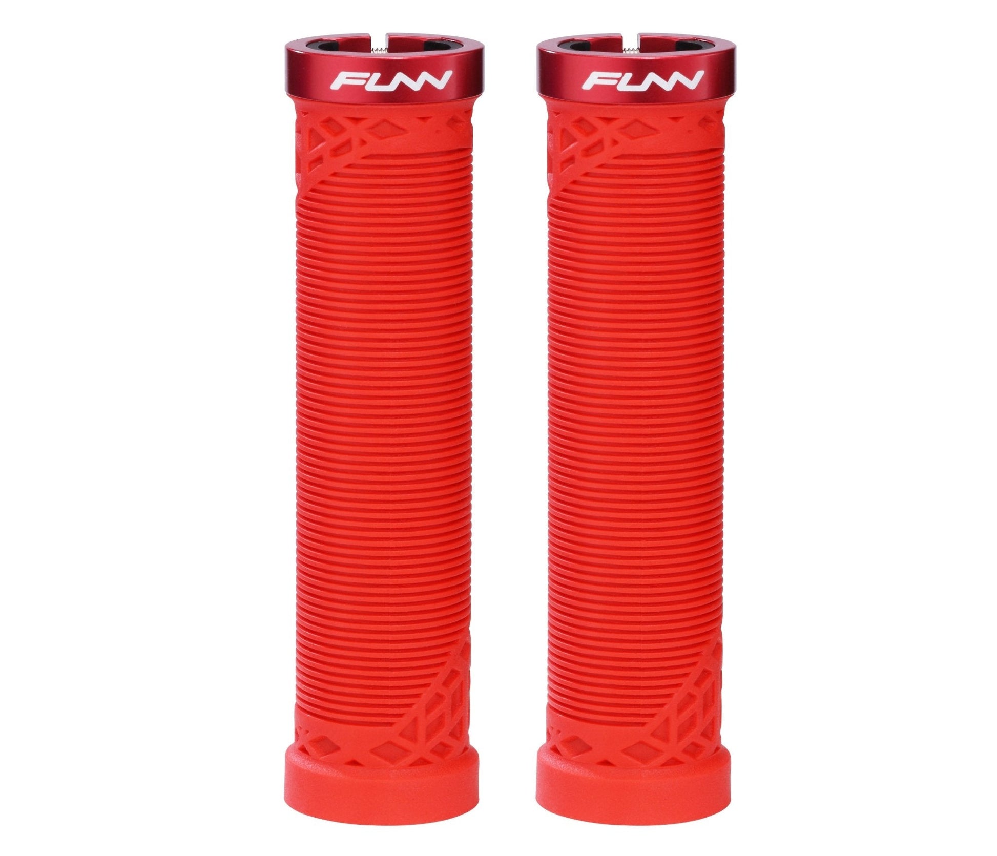 Funn mountain bike components - Hilt Lock - On Grips Red in a white background.