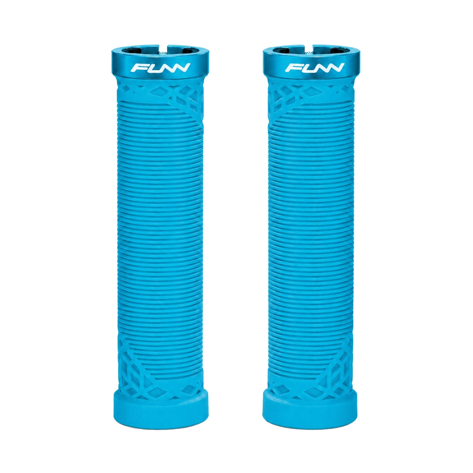 FUNN Hilt Lock-On Grips in Turquoise, ribbed rubber MTB handlebar grips with alloy lock ring