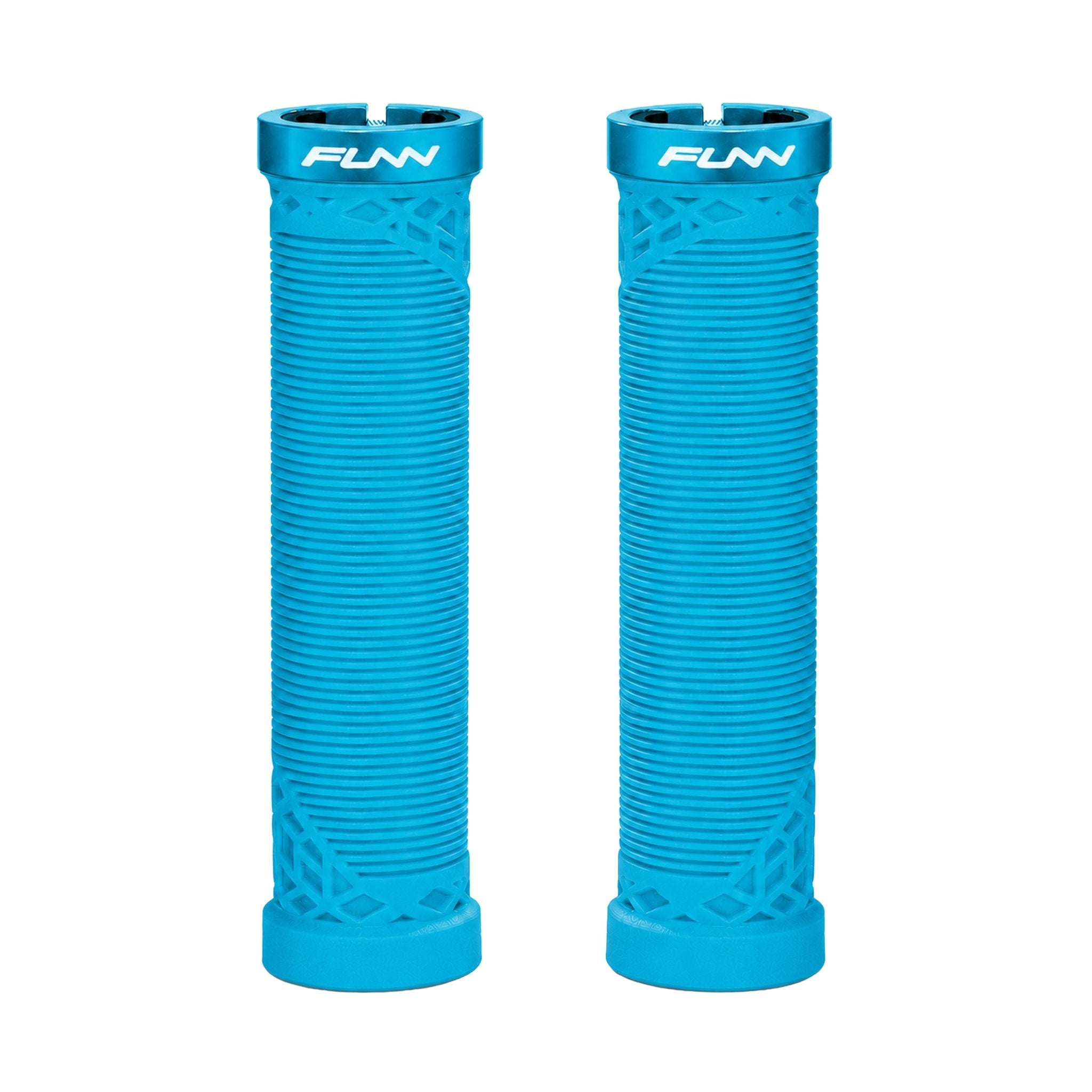 FUNN Hilt Lock-On Grips in Turquoise, ribbed rubber MTB handlebar grips with alloy lock ring