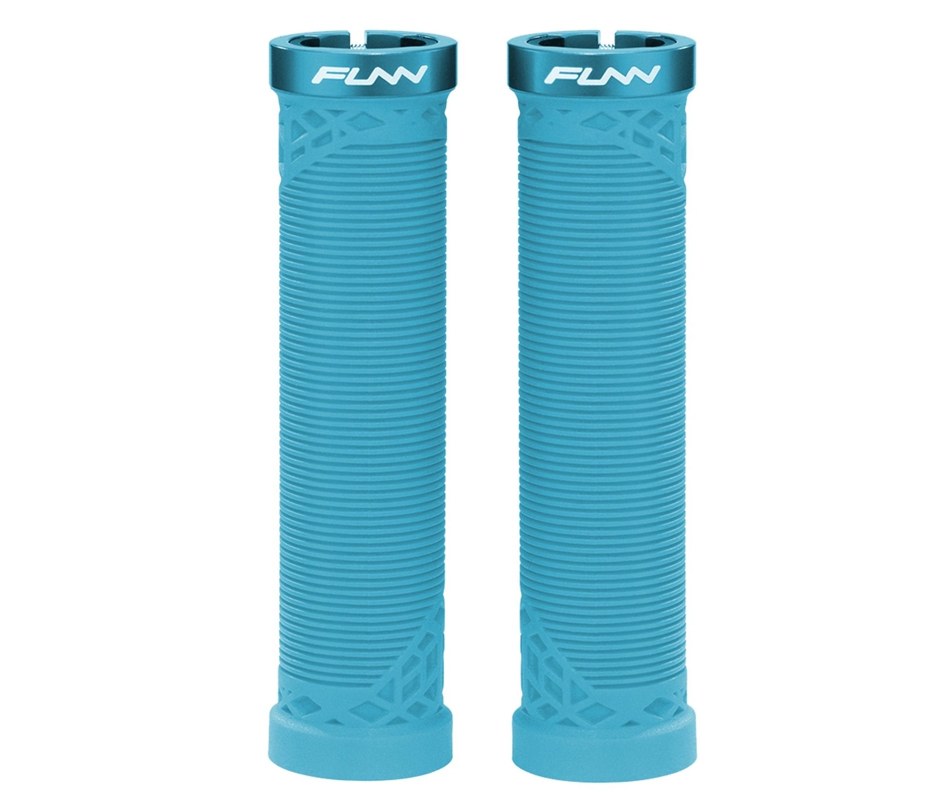 Funn mountain bike components - Hilt Lock - On Grips Turquoise in a white background.