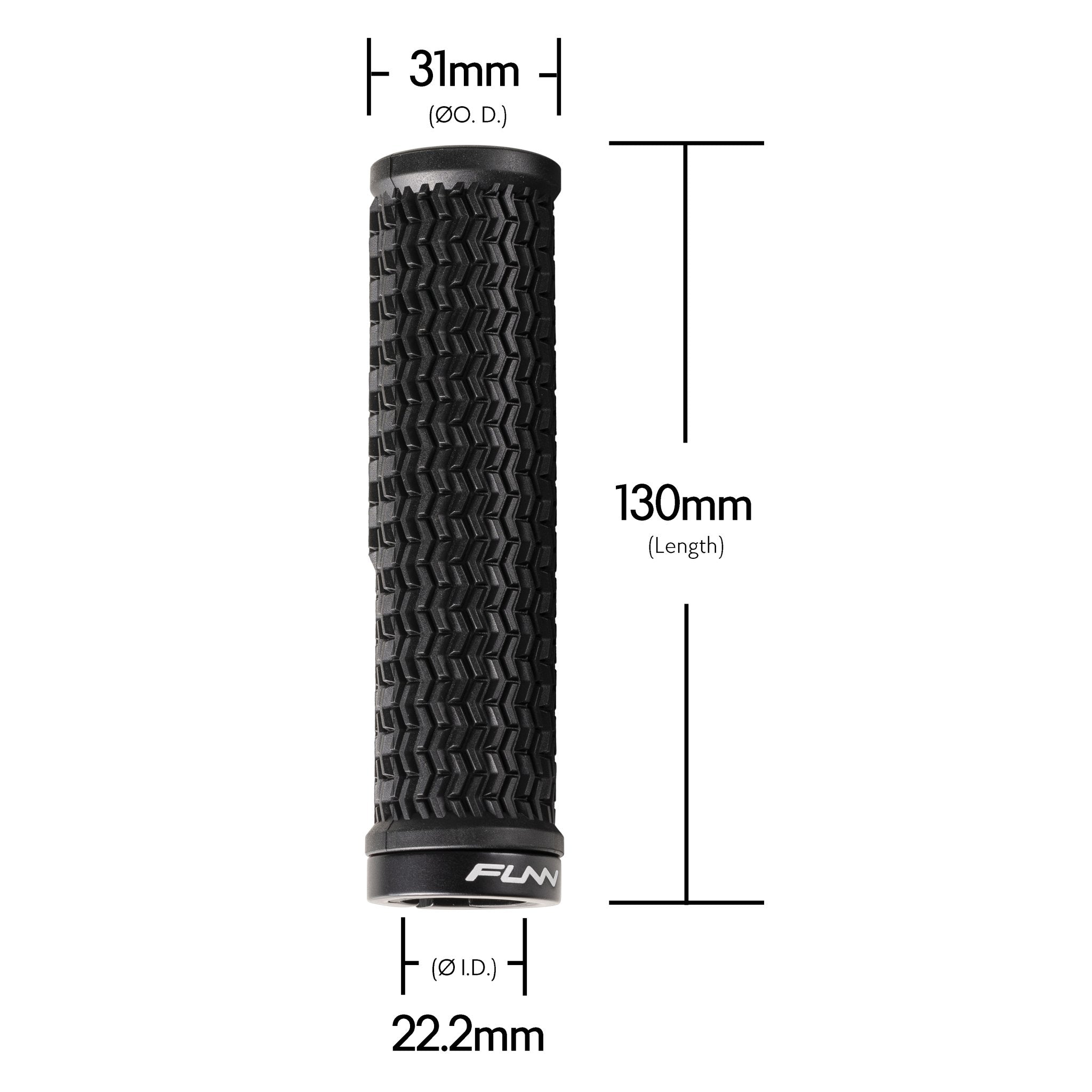 FUNN Holeshot Lock-On Grips, black rubber bike handle with textured tread pattern, 130mm length, 31mm OD, 22.2mm ID