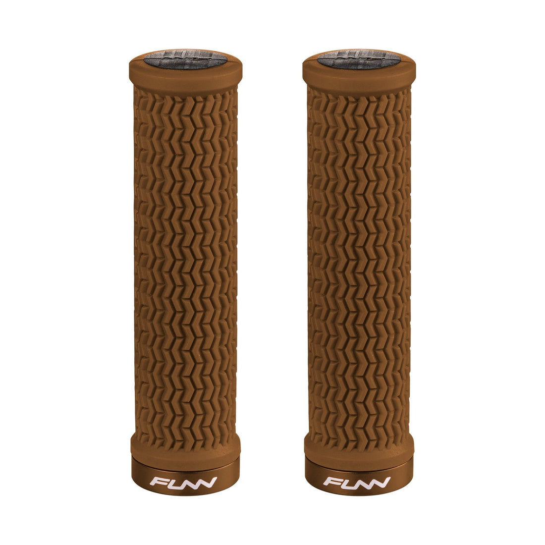 FUNN Holeshot Lock-On Grips in Brown, textured rubber MTB handlebar grips with alloy lock ring