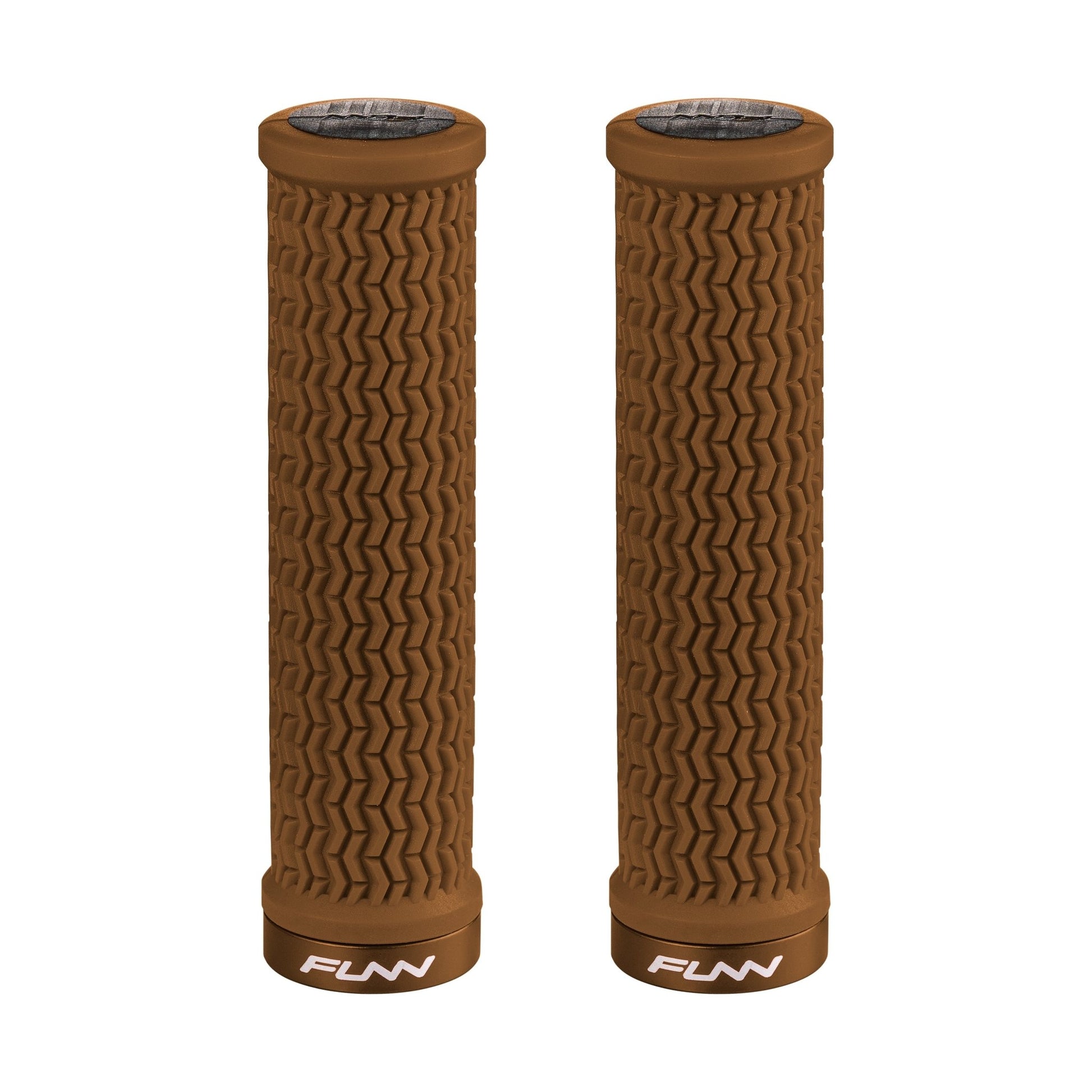 FUNN Holeshot Lock-On Grips in Brown, textured rubber MTB handlebar grips with alloy lock ring