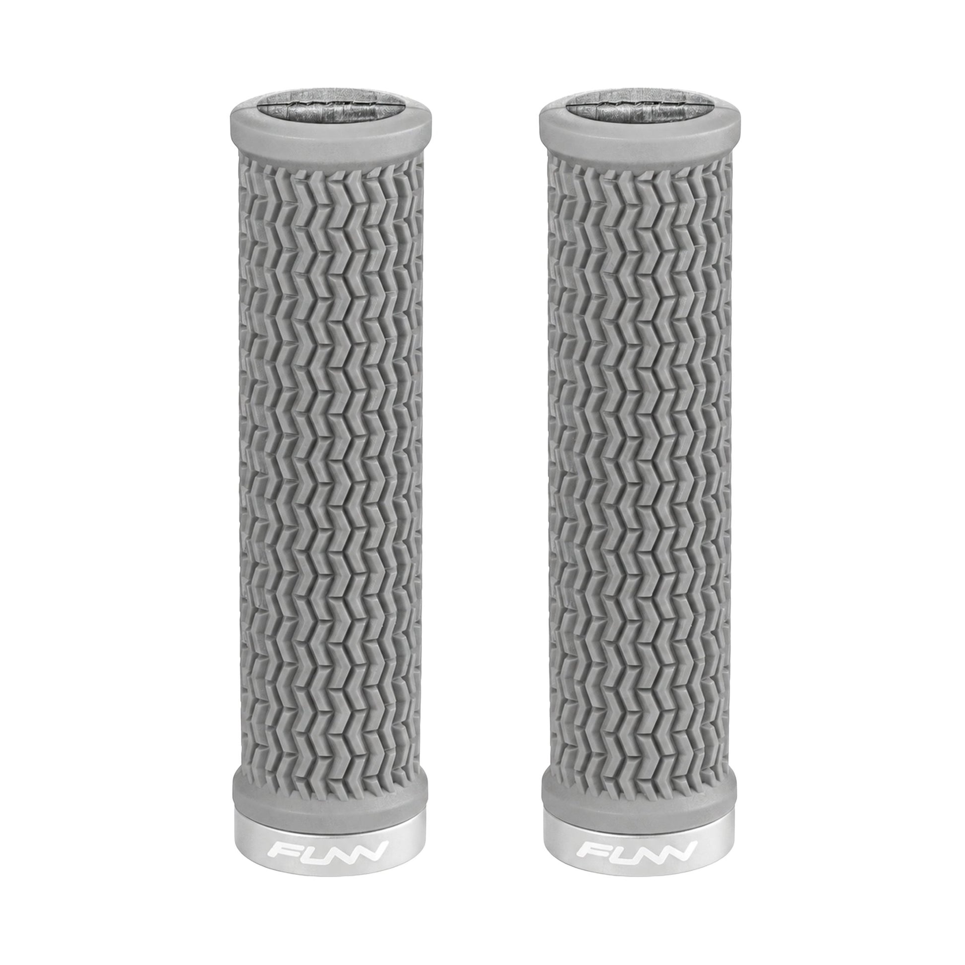 FUNN Holeshot Lock-On Grips in Grey, textured rubber MTB handlebar grips with alloy lock ring
