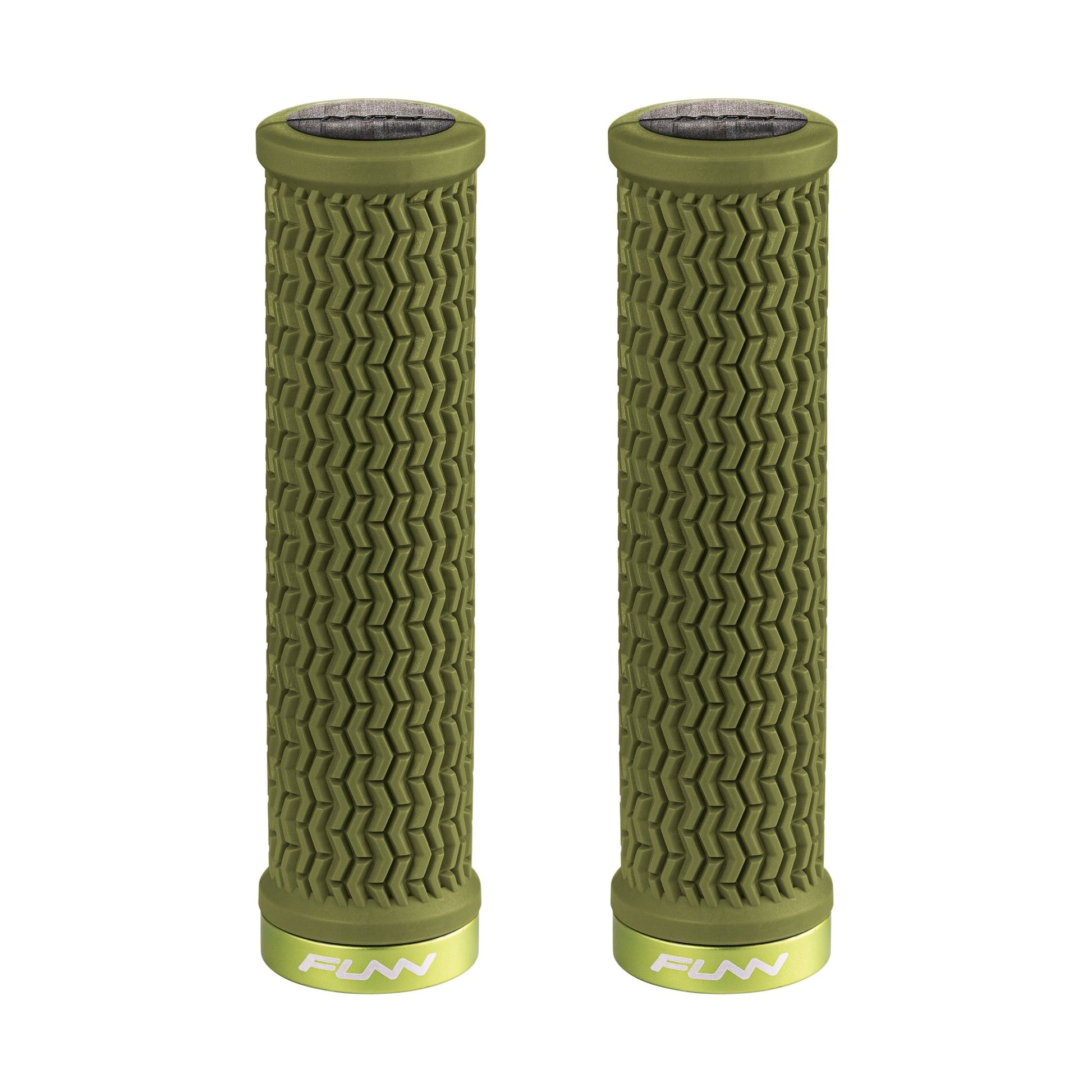 FUNN Holeshot Lock-On Grips in Olive Green, textured rubber MTB handlebar grips with alloy lock ring