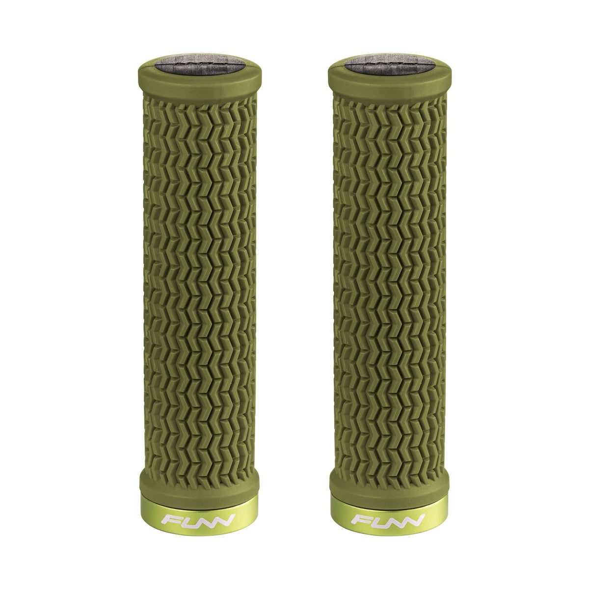 FUNN Holeshot Lock-On Grips in Olive Green, textured rubber MTB handlebar grips with alloy lock ring