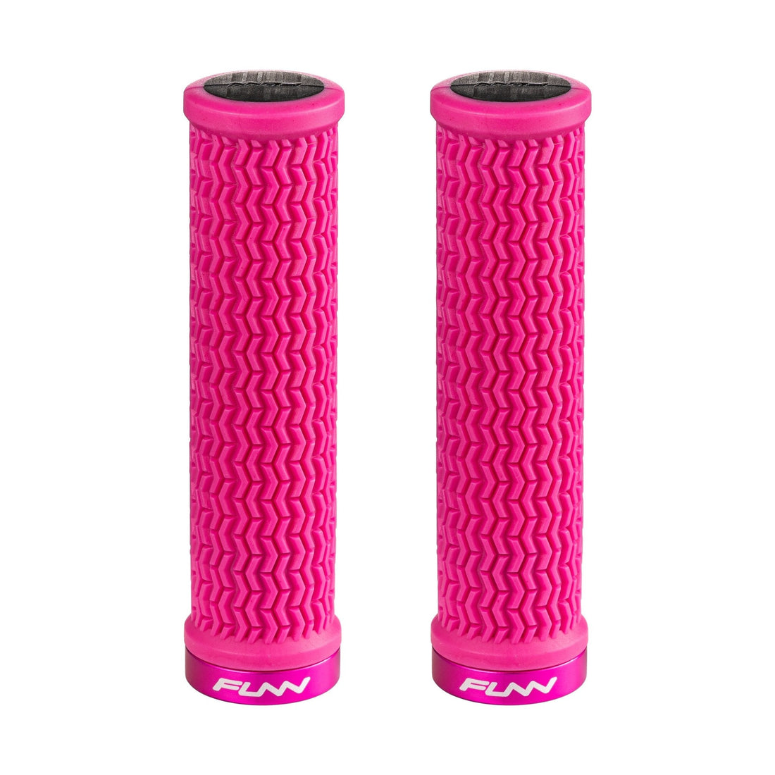 FUNN Holeshot Lock-On Grips in bright pink, textured rubber pattern with alloy lock rings for secure MTB handlebar control