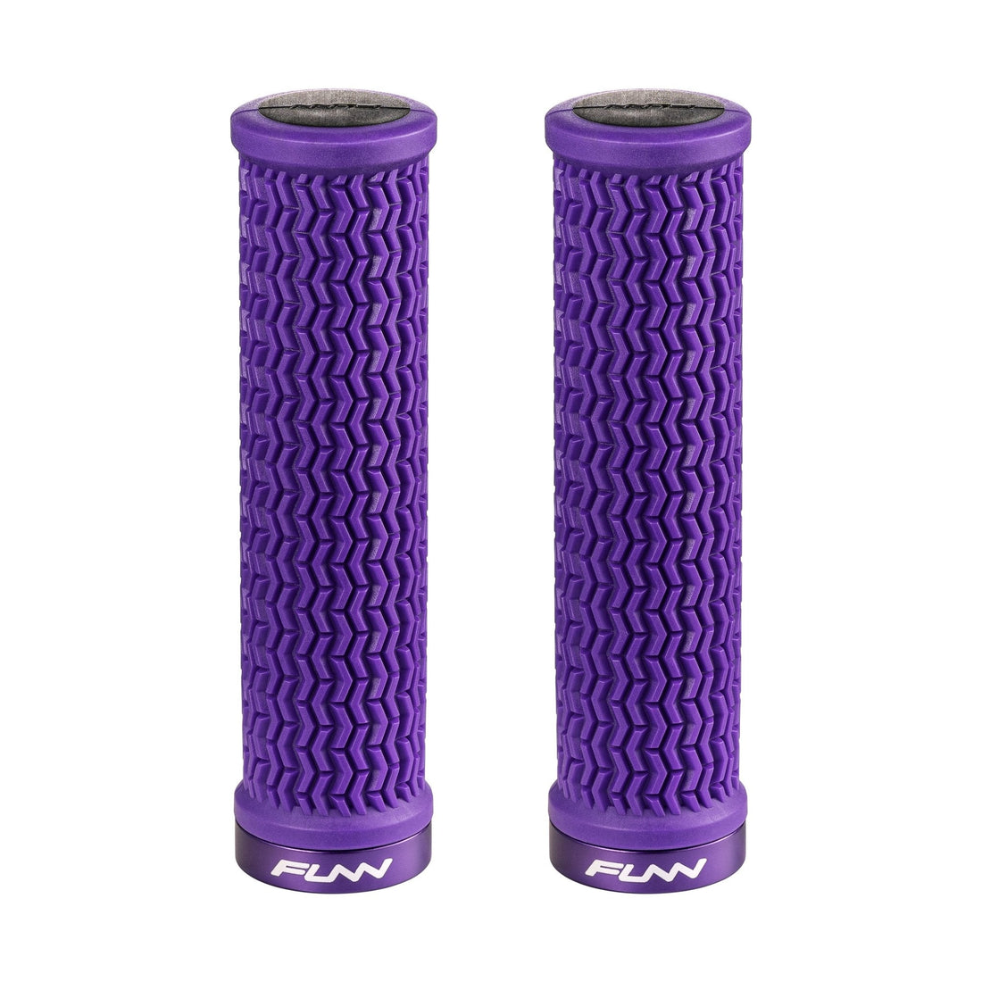 FUNN Holeshot Lock-On Grips in purple with textured rubber pattern and alloy lock rings for secure mountain bike handlebar control