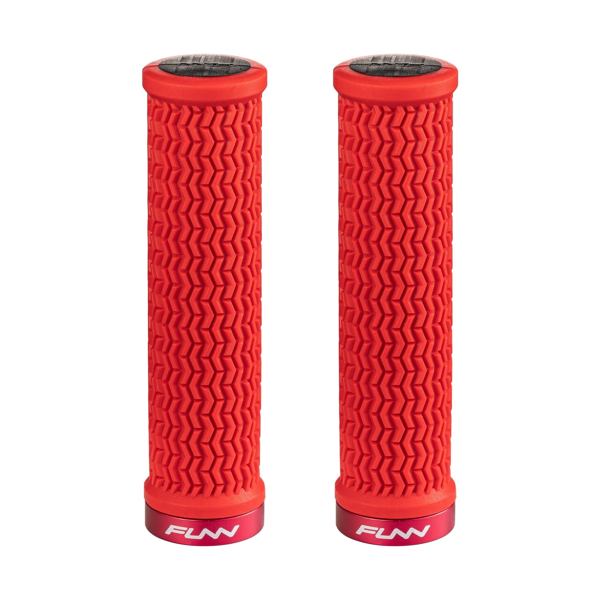 FUNN Holeshot Lock-On Grips in Red, textured rubber MTB handlebar grips with alloy lock ring