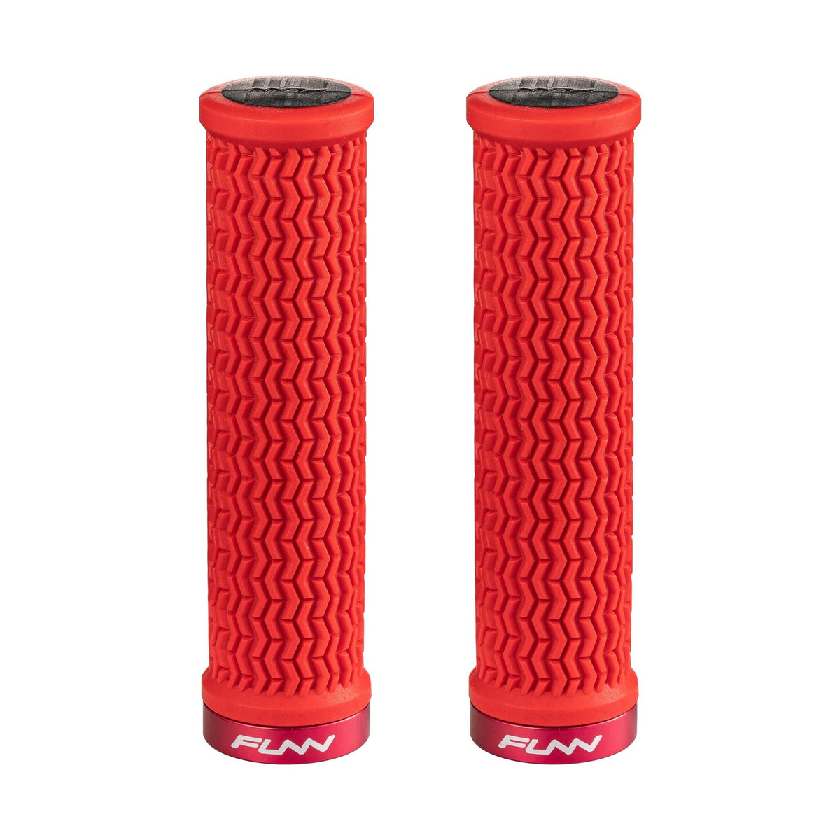 FUNN Holeshot Lock-On Grips in Red, textured rubber MTB handlebar grips with alloy lock ring