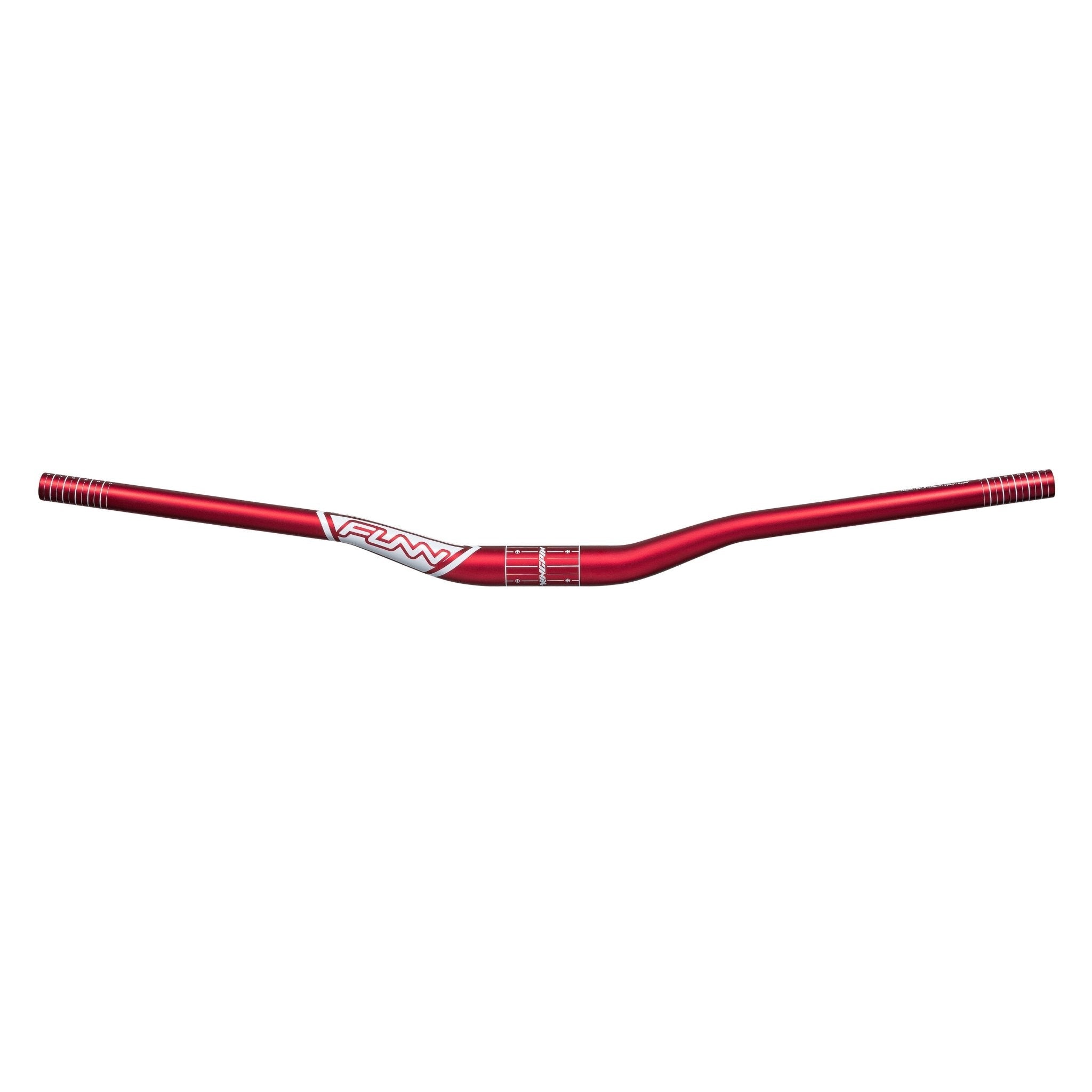 Red FUNN Kingpin Riser Handlebar, alloy 31.8mm clamp with 30mm rise and white graphics for mountain bike control