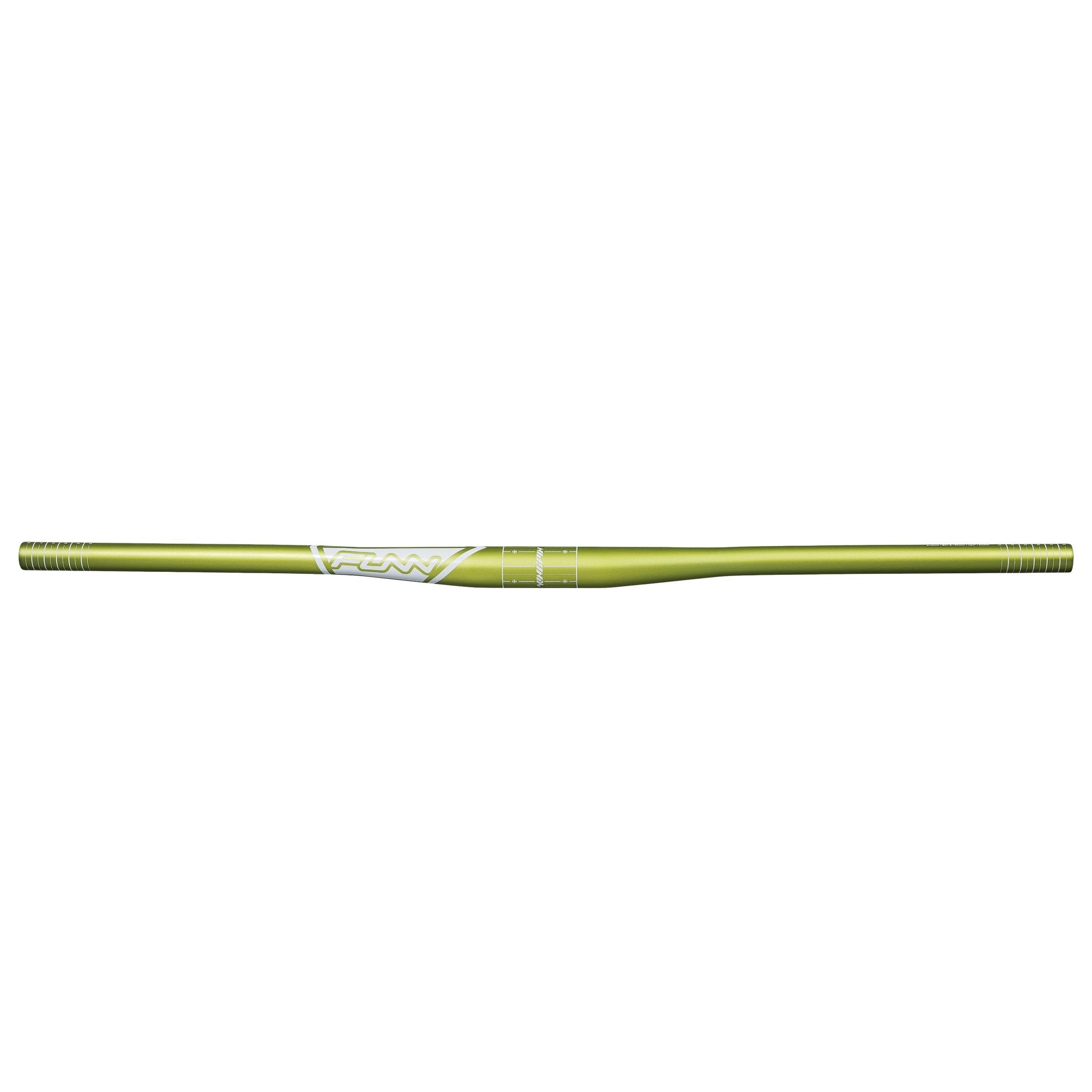 Green aluminum FUNN Kingpin Riser Handlebar, 31.8mm clamp, 7mm rise, straight wide MTB bar with white graphics