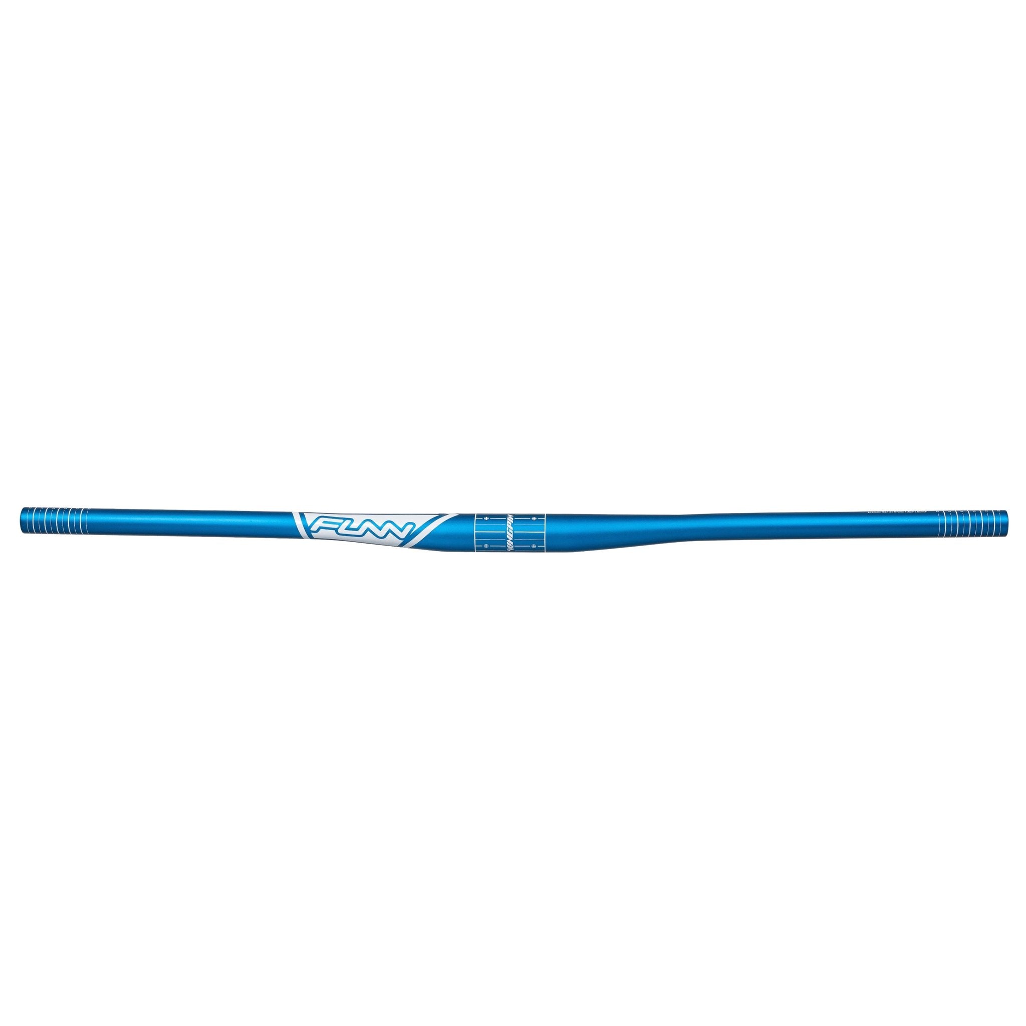 FUNN Kingpin Riser Handlebar, blue alloy 31.8mm clamp with 7mm rise, lightweight MTB bar with white graphics