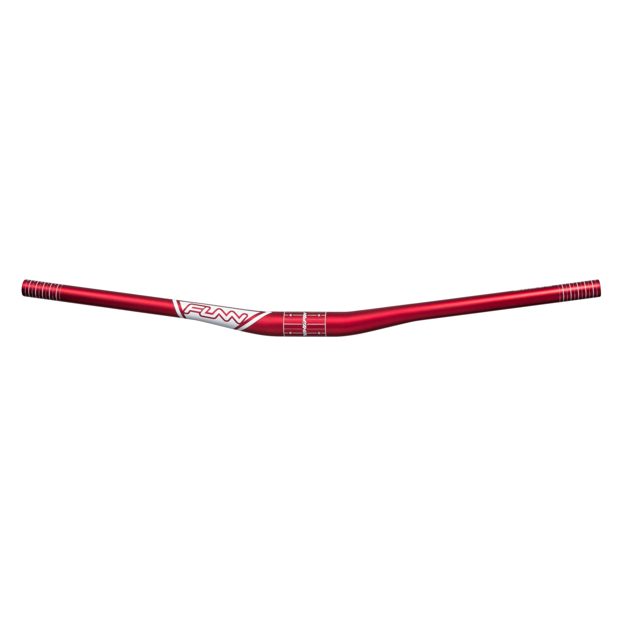 Red FUNN Kingpin Riser Handlebar, 31.8mm clamp, 15mm rise, lightweight alloy MTB bar with white logo and cut markings