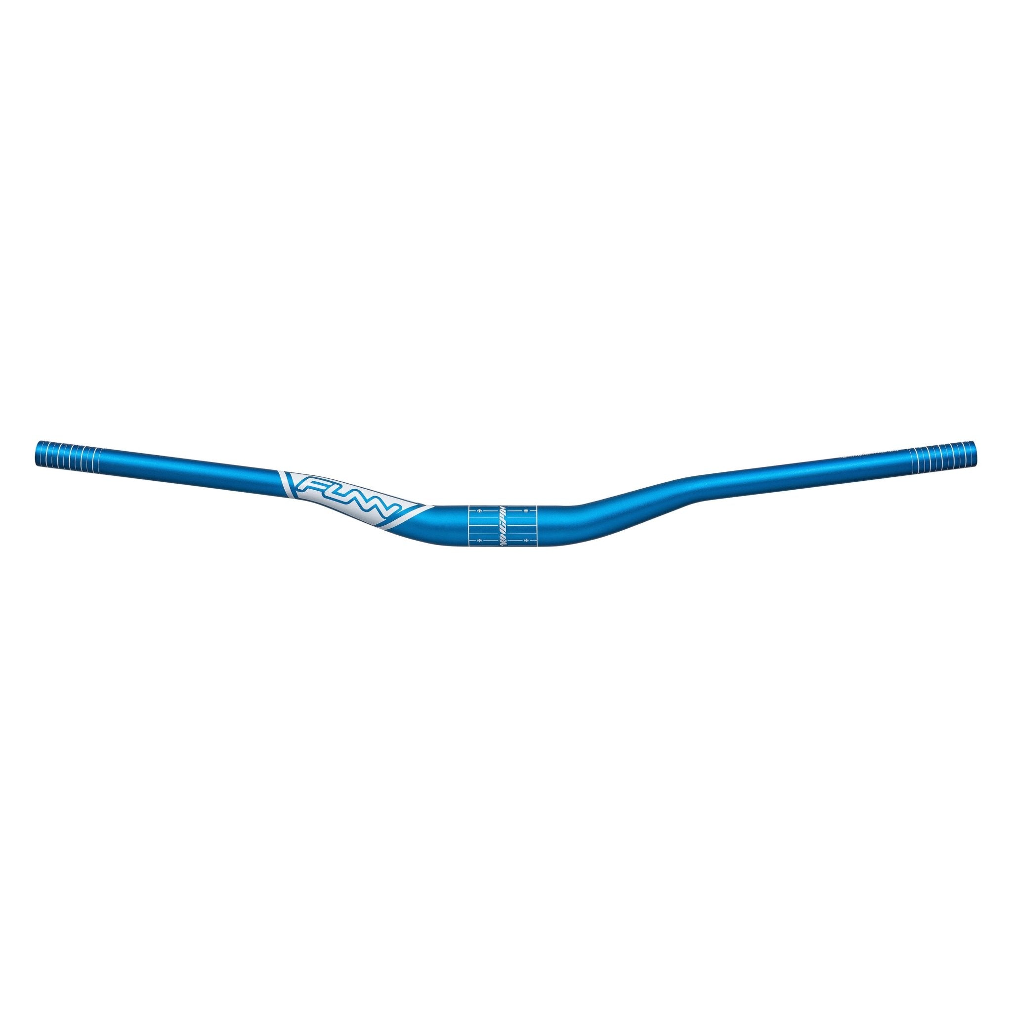 Blue FUNN Kingpin Riser Handlebar, 35mm clamp, 30mm rise alloy MTB bar with sweep markings for precise cockpit setup