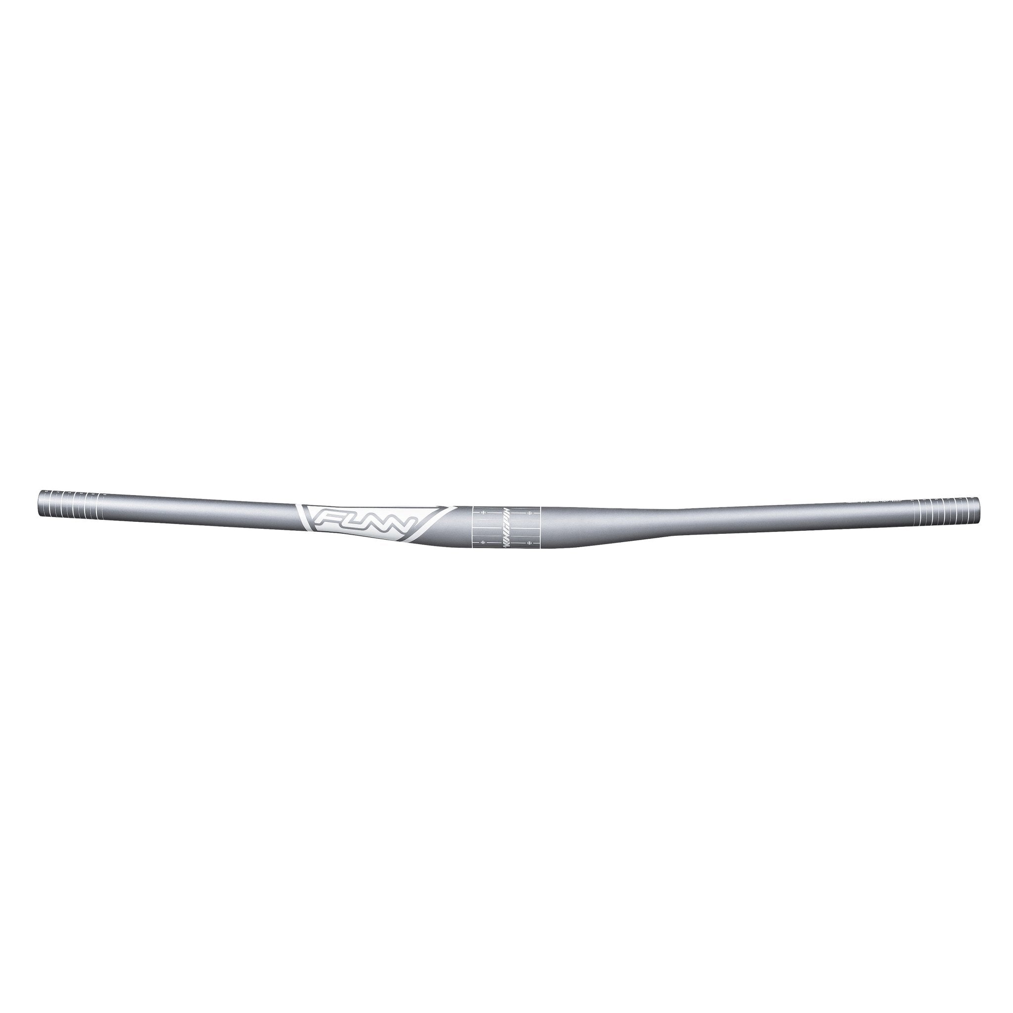 Silver FUNN Kingpin Riser Handlebar, 35mm clamp, 7mm rise alloy MTB bar with subtle sweep and etched alignment markings