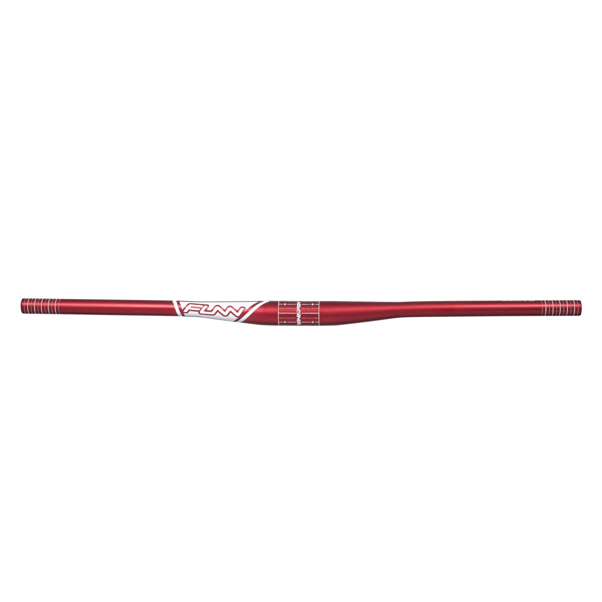 Red FUNN Kingpin Riser Handlebar, 35mm clamp, 7mm rise alloy bar with white logos and cut marks for mountain bikes